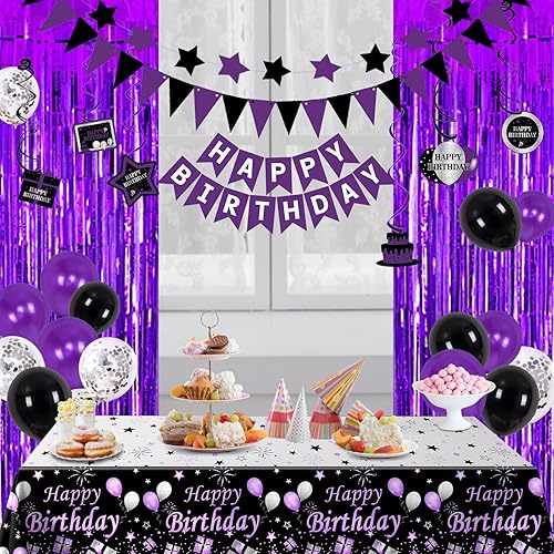 Miniatura 5 de Decoraciones de fiesta moradas y negras para mujeres y niñas, decoraciones de cumpleaños moradas para ella, pancarta de feliz cumpleaños,