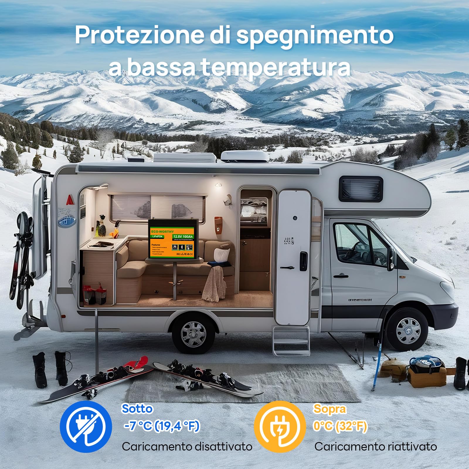 ECO-WORTHY Lifepo4 Batteria al litio Bluetooth 12 V 100 AH, Batteria LiFePO4 con Protezione a Bassa Temperatura, BMS Intelligente, 1280 Wh Energia, per Caravan, Campeggio