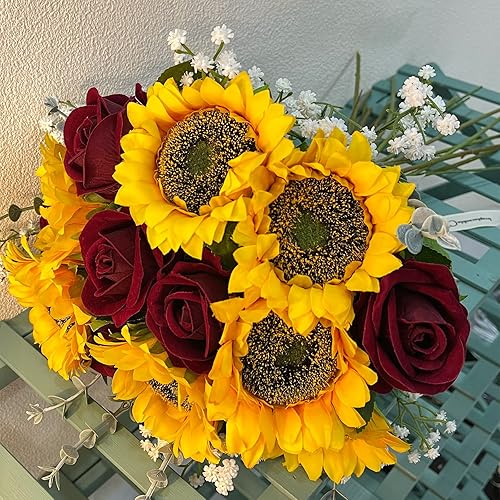Miniatura 6 de 24 flores falsas rústicas combinadas, decoración de otoño, flores largas de tallo único, incluye girasoles, aliento de bebé, rosas burdeos y tallos