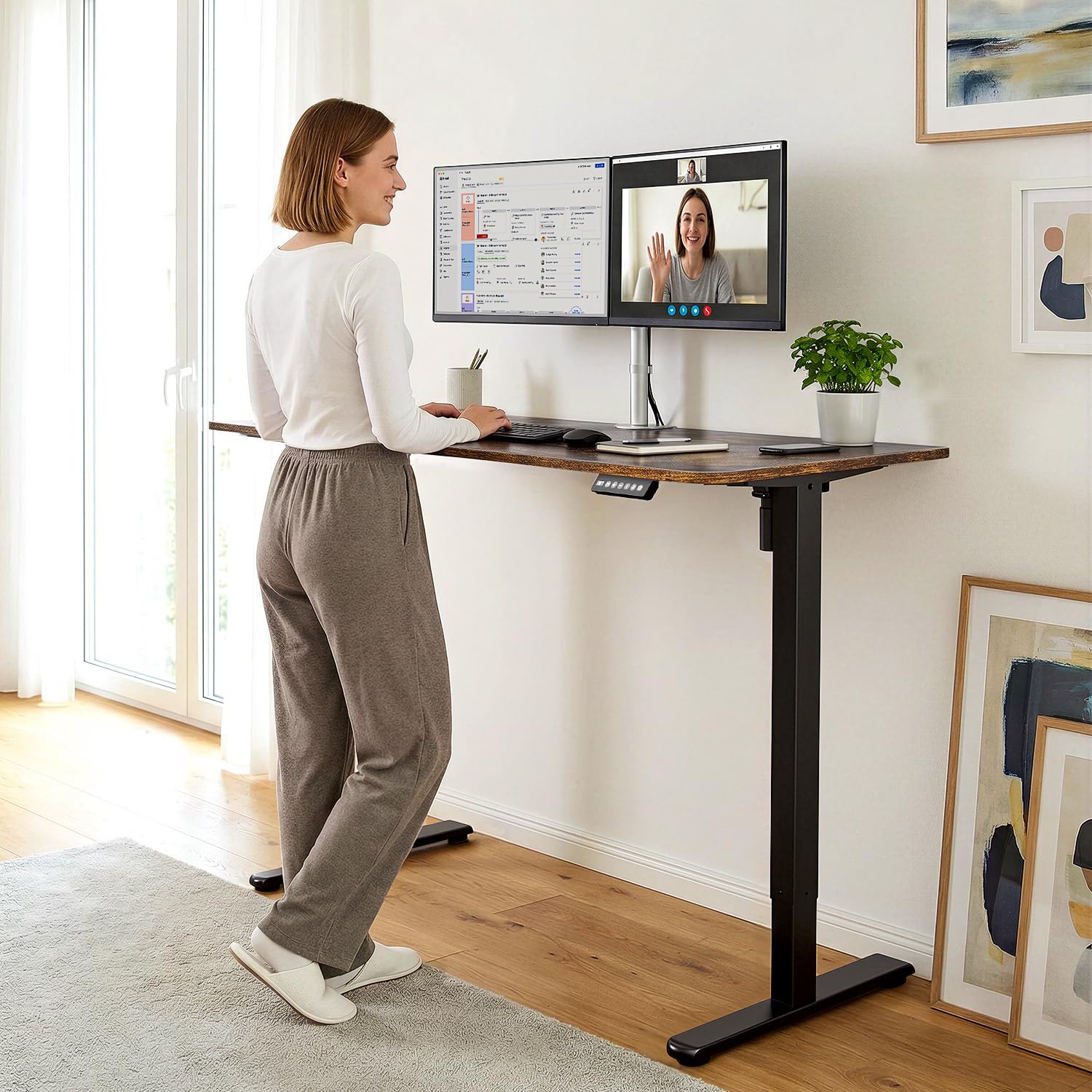 55 Electric Standing Desk Adjustable Height Ergonomic Sit Stand Computer Desk for Home Office Sturdy Motorized Workstation with — view 2