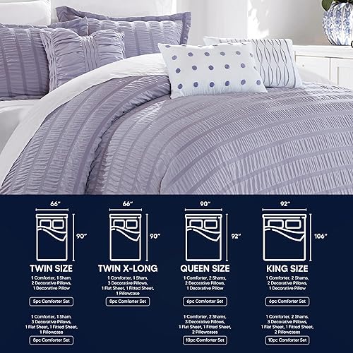 Miniatura 6 de Chic Home Hadassah - Juego de edredón de 6 piezas a rayas fruncidas con volantes, fundas de almohada decorativas incluidas, King, lavanda