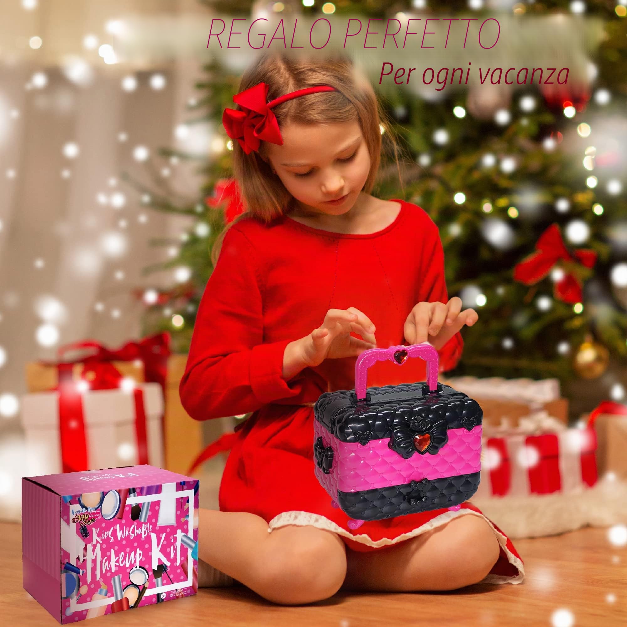 Valigetta Trucchi Bambina - Set Anallergico e Lavabile, Borsa Reale per Principessa, Regalo Compleanno 4-9 Anni (Rosa)