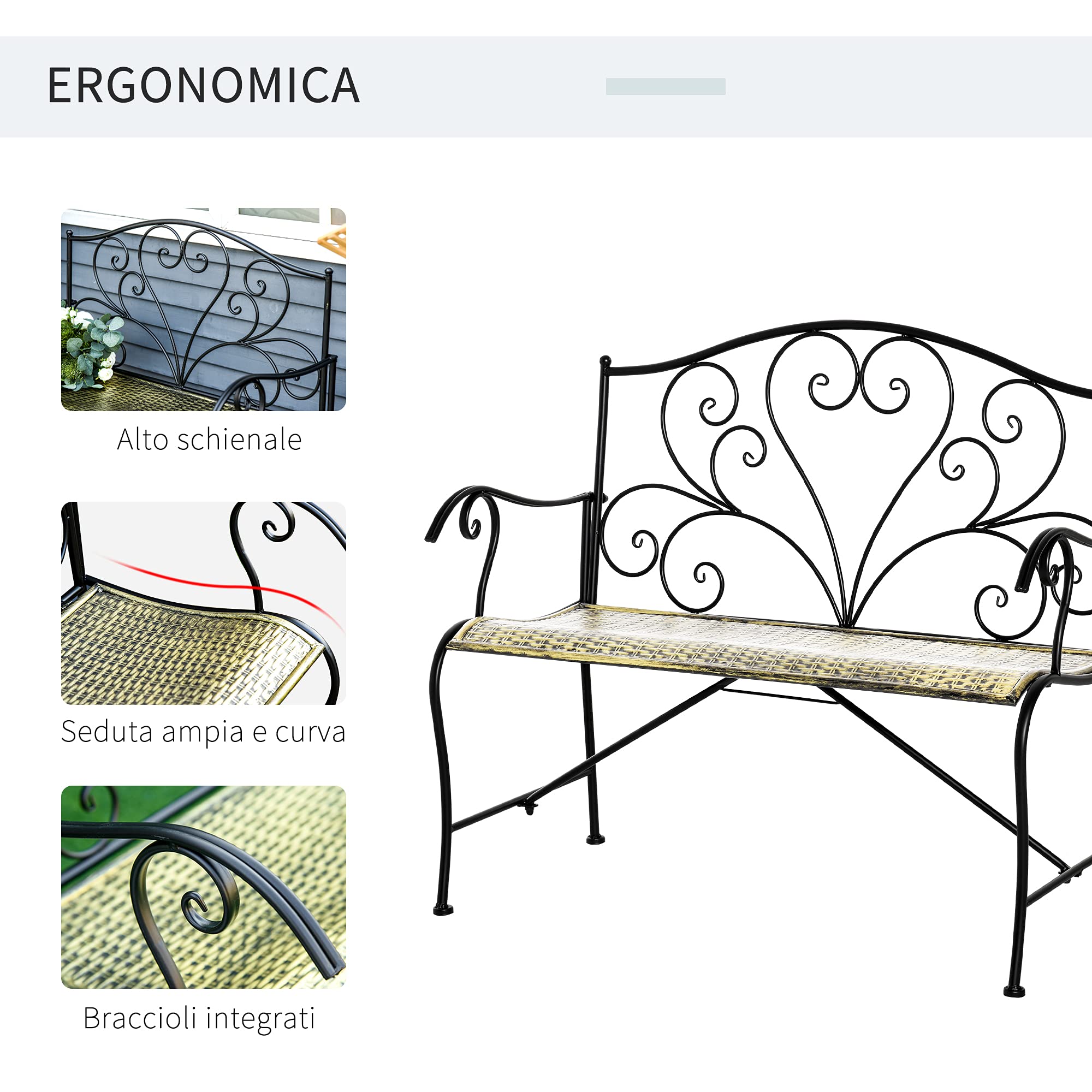 Outsunny Panchina da Giardino in Ferro, Panca da Esterno in Stile Vintage 2 Posti, 100x 50x88cm, Nero