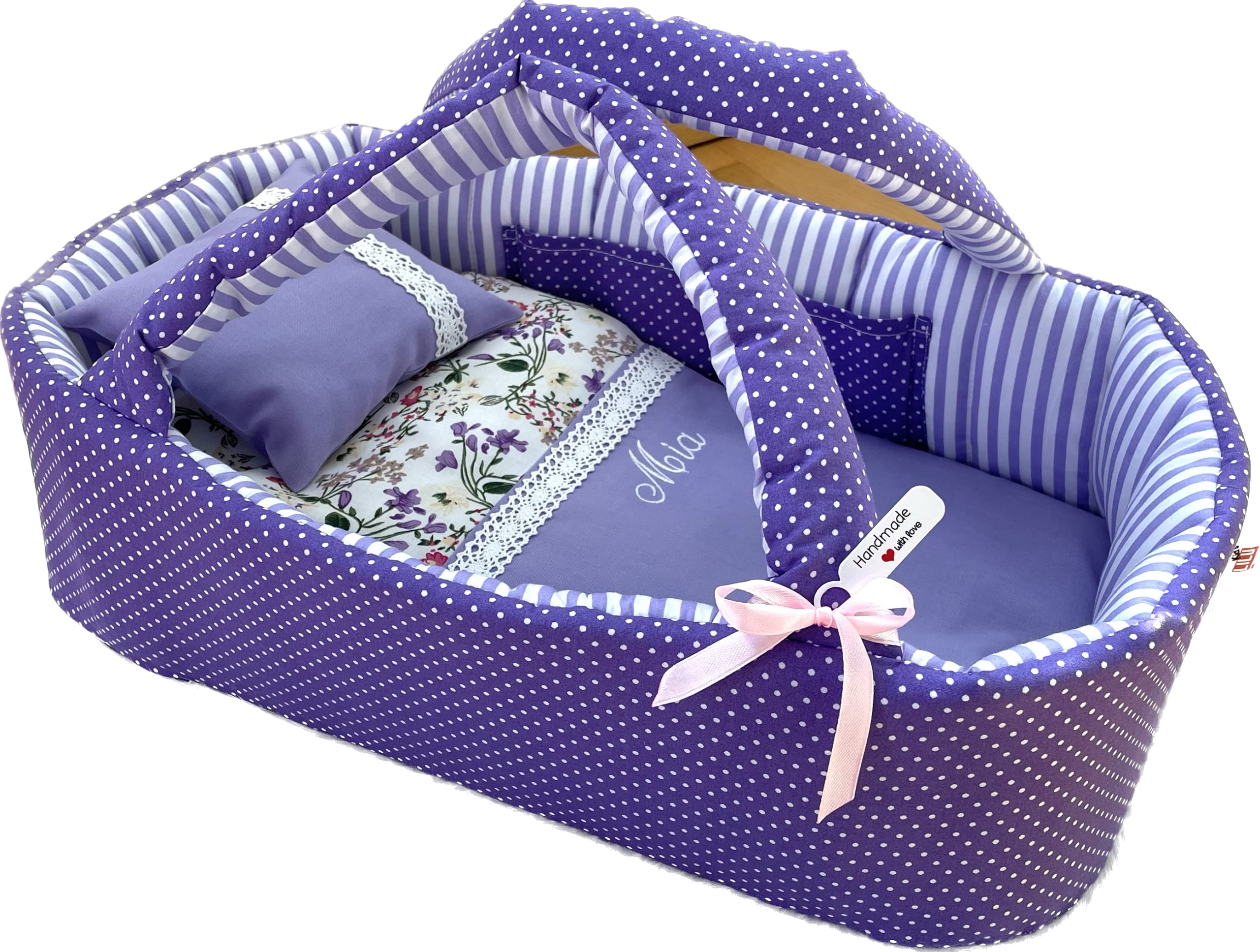 Puppentragetasche für Puppen 30-35cm mit Bettwäsche, Lila, Personalisierung, Waschbar