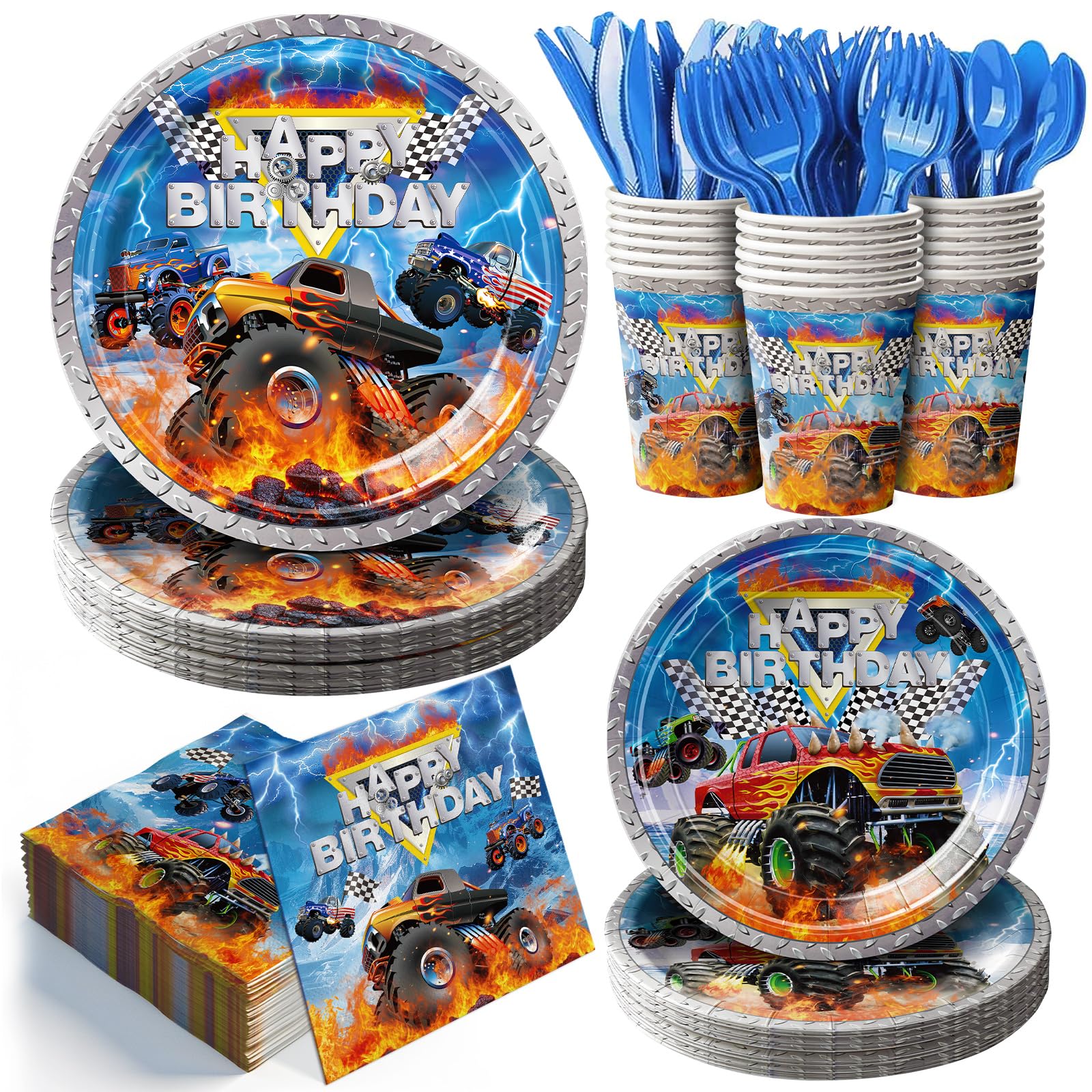 Photo 1 of 168pcs Monster Truck Party Decorations Plates Napkins Disposable Paper Cups