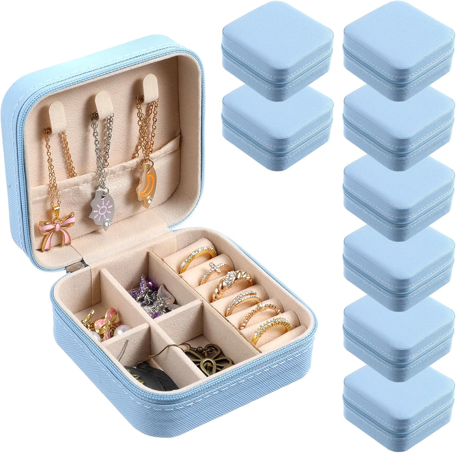 8 Pack Travel Jewelry Case Small Travel Jewelry Box Bridesmaid Gifts Jewelrys Box, PU Leather Small Jewelrys Case Organizer Storage for Rings Earrings Necklaces, Beauty Gifts for Women Girls (Blue)