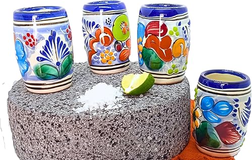 Miniatura 3 de Juego de 4 vasos de chupito de cerámica Talavera auténticos vasos de chupito de tequila mexicano - Pintados a mano - 2 oz (barril de flores)