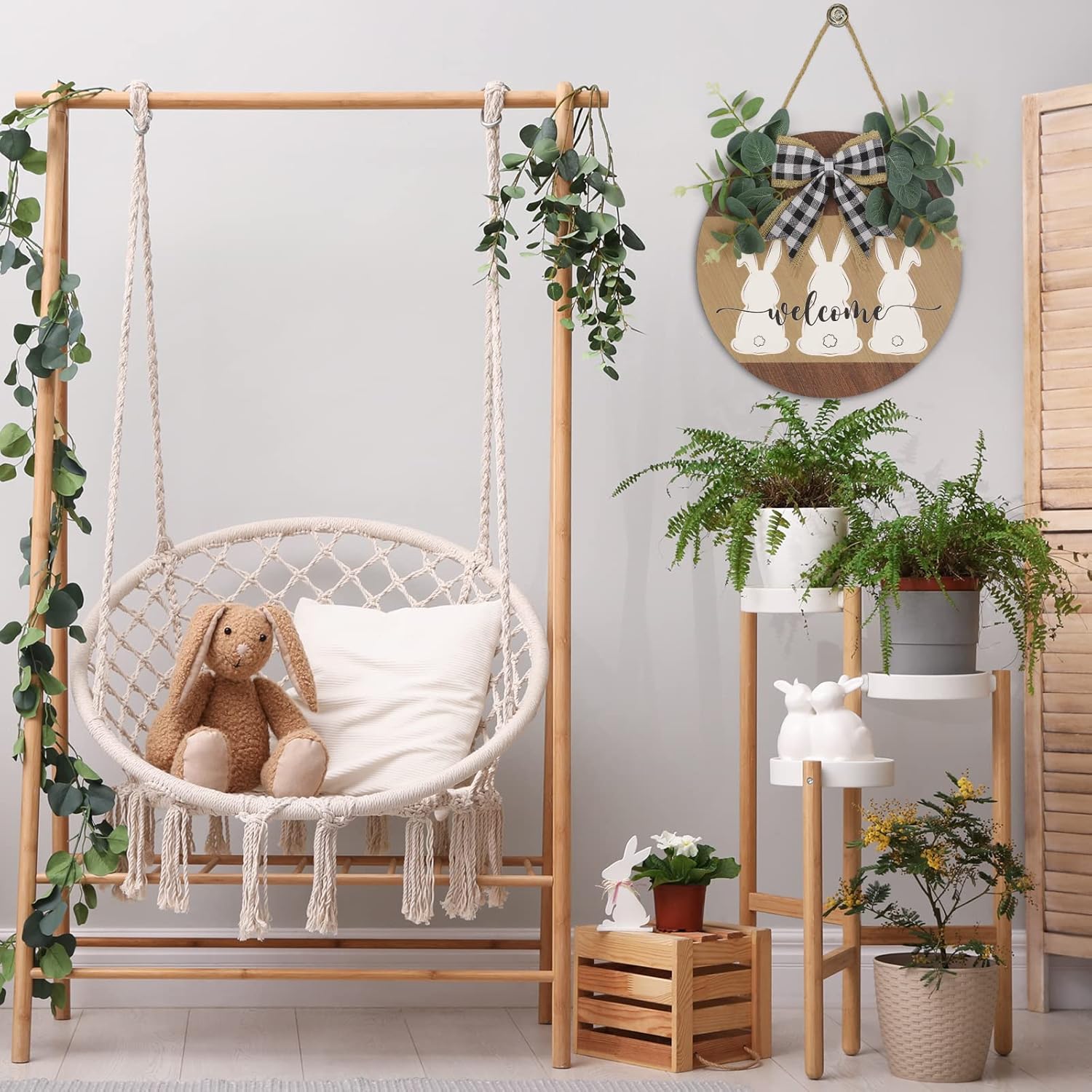 Easter Welcome Sign Front Door Decor with Bunny Rabbit Bow, 11.8" Rustic Round Wooden Easter Wreath Sign for Spring Home Front Porch Window Wall Farmhouse Easter Decorations