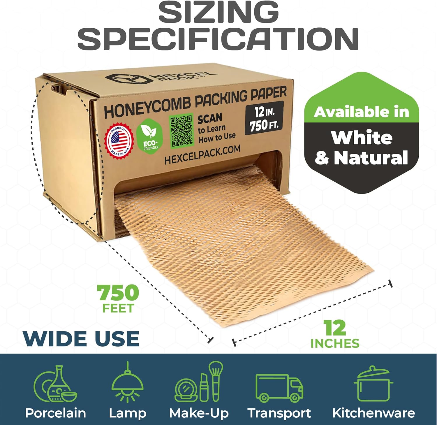 HexcelPack HexcelWrap Mini - Honeycomb Packing Paper, Eco-Friendly, Sustainable Paper Bubble Wrap for Shipping & Moving, Cushioned Packing Material in Easy Self-Dispenser Box - Natural, 12" x 750'