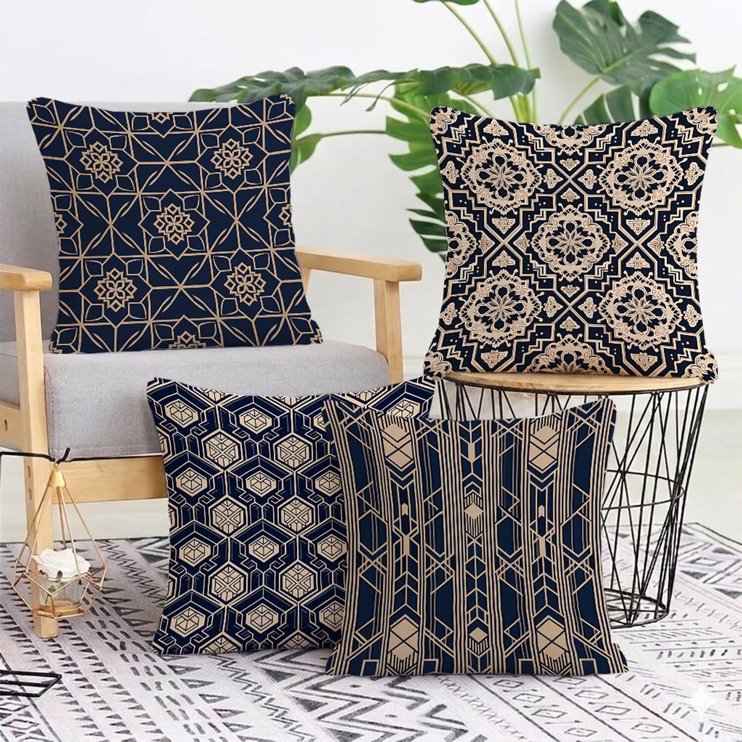 Poduszka outdoorowa, wodoszczelna, zestaw 4 poszewek na poduszkę w stylu boho 65 x 65 cm, krótkie, pluszowe, kwadratowe, na kanapę, na sofę, taras, meble ogrodowe, balkon, do salonu, dekoracja retro