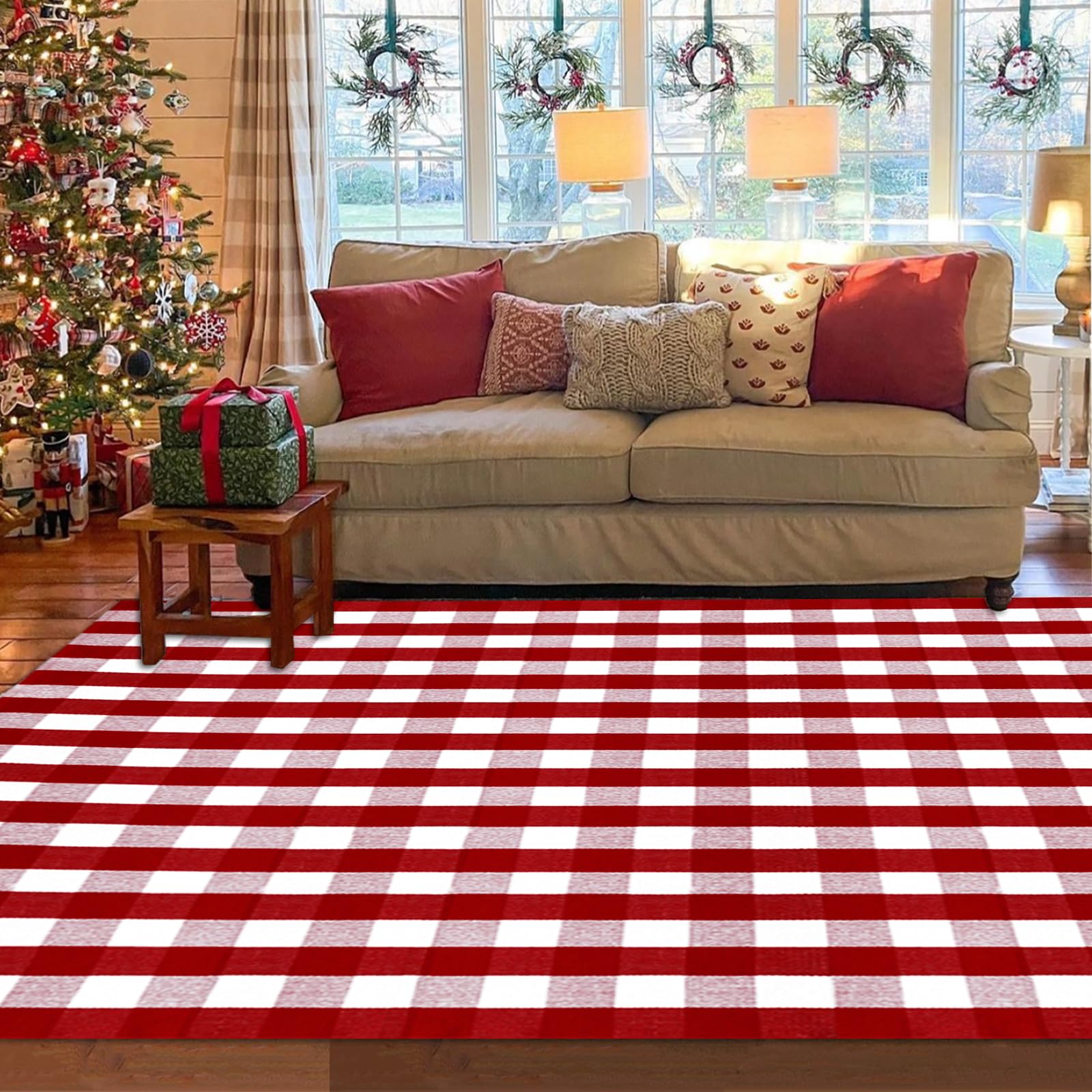 Alfombra de Navidad a cuadros rojos y blancos, 8 x 10 pies, de algodón, tejida a mano, lavable, retro, para interiores y exteriores, alfombra de Navidad para cocina, comedor, dormitorio, sala de estar
