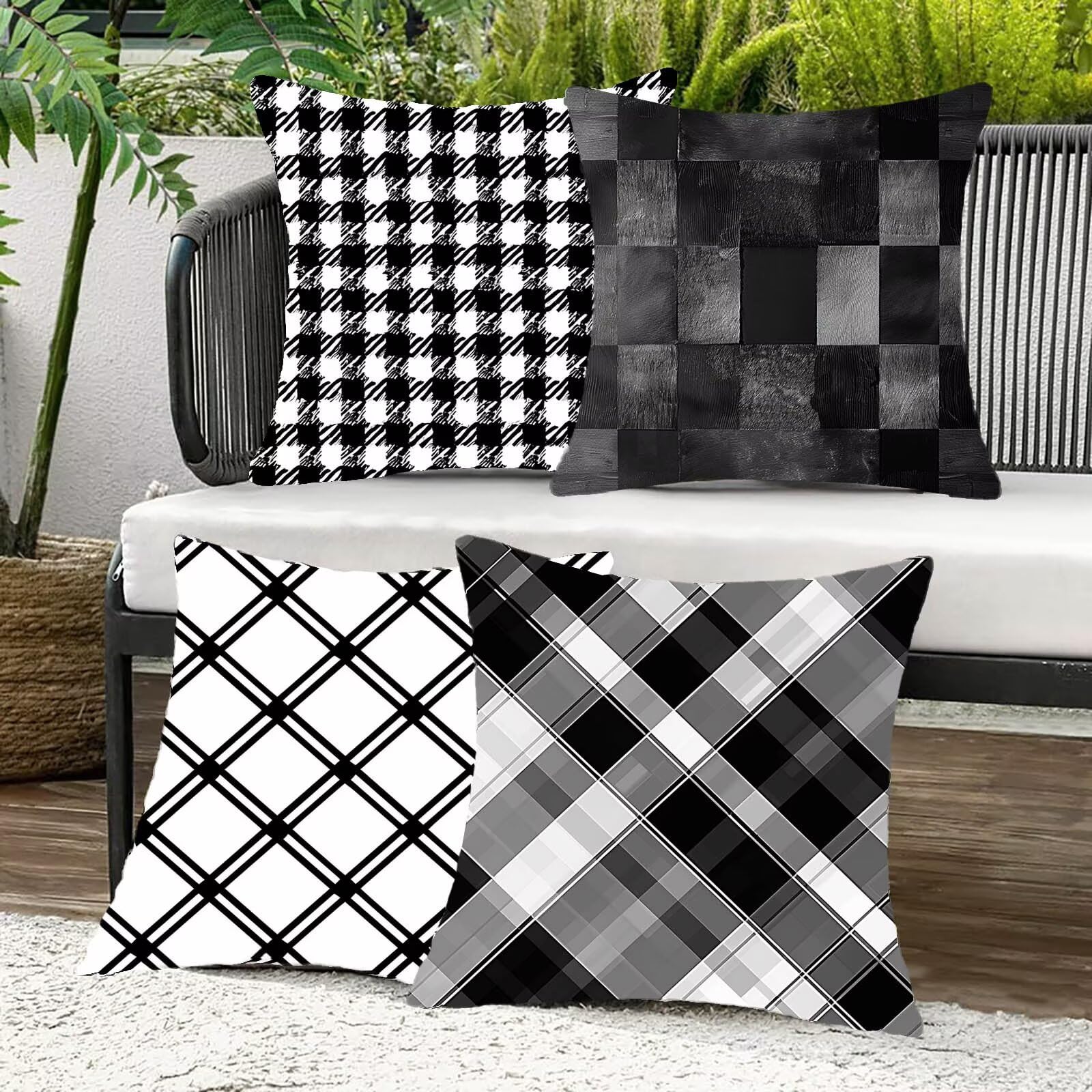 Kissenbezug 60x60 cm Netz 4er Set Sofakissen Superweichem Doppelnähten Versteckter Reißverschluss Schwarz und Weiß Outdoor Kissen Leinen gelten für Terrassen-Gartenbank Wohndeko Schlafzimmer Sofa Z-1