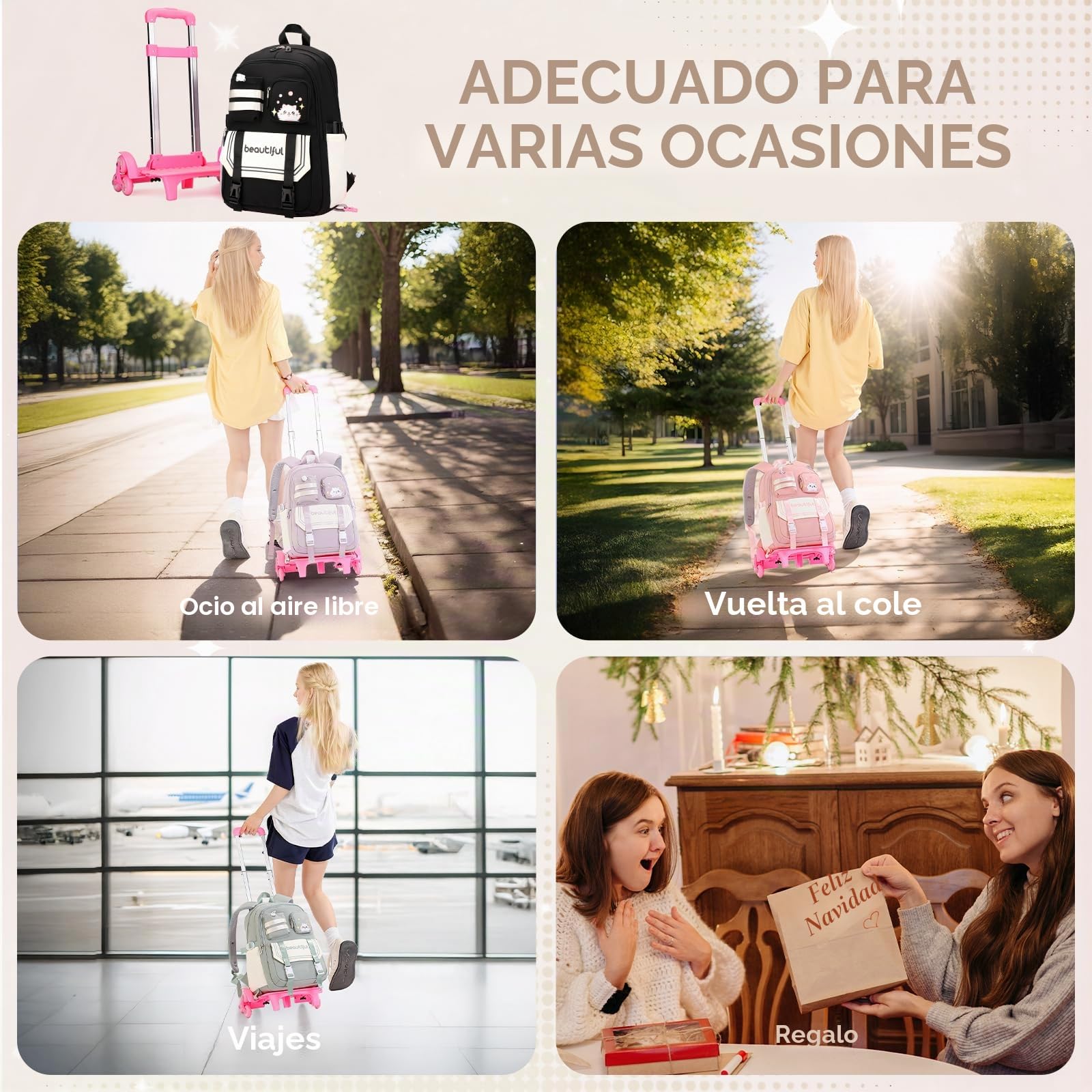 Amythe Mochila Escolar con 6 Ruedas para Niñas 9 a 16 años, Negro | 28L Mochila Colegio Chicas de Primaria y Secundaria, Vuelta al cole, Carro Mochilas de Viaje Casual para Adolescentes