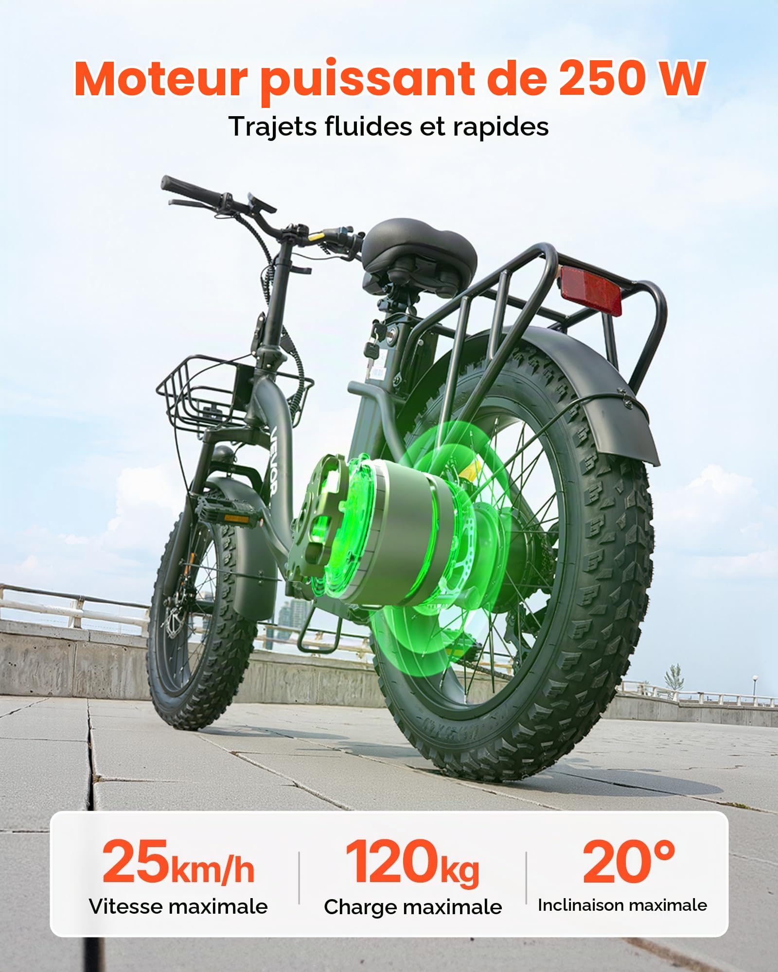 VEVOR Vélo Électrique Pliable Adulte, VAE 250 W, Batterie Amovible 25 Ah, Moteur sans Balais 36 V 25 km/h, Autonomie jusqu'à 70 km, Pneu Pneumatique, Boîte de Vitesses 7 Vitesses, Trajets Quotidiens