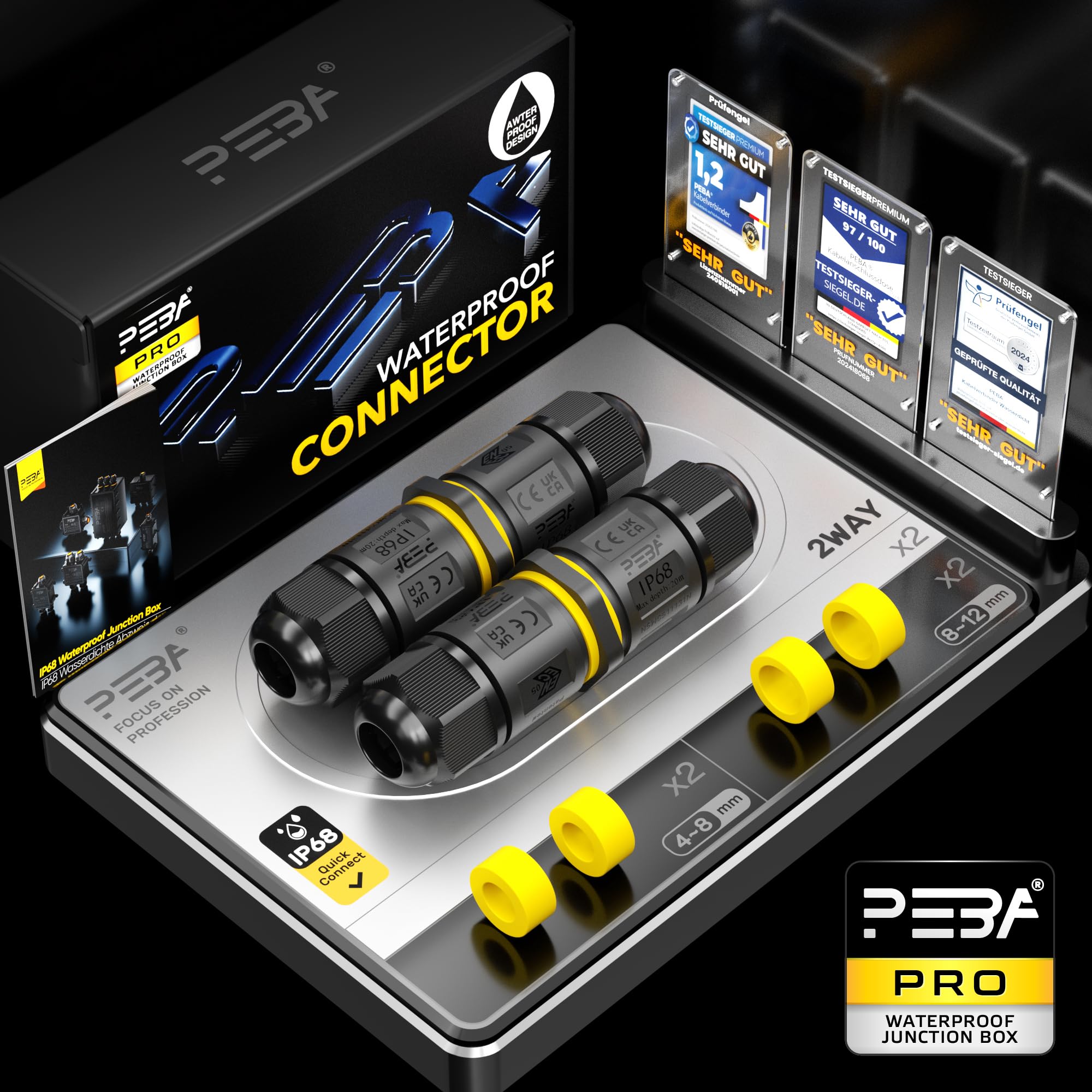PEBA® Conector de cable estanco IP68,Cajas de Conexiones Impermeables,Conectores electricos rapidos de 2 vías,Manguito de conexión eléctrico exterior 3 pines para jardín apto para cables 4-12mm