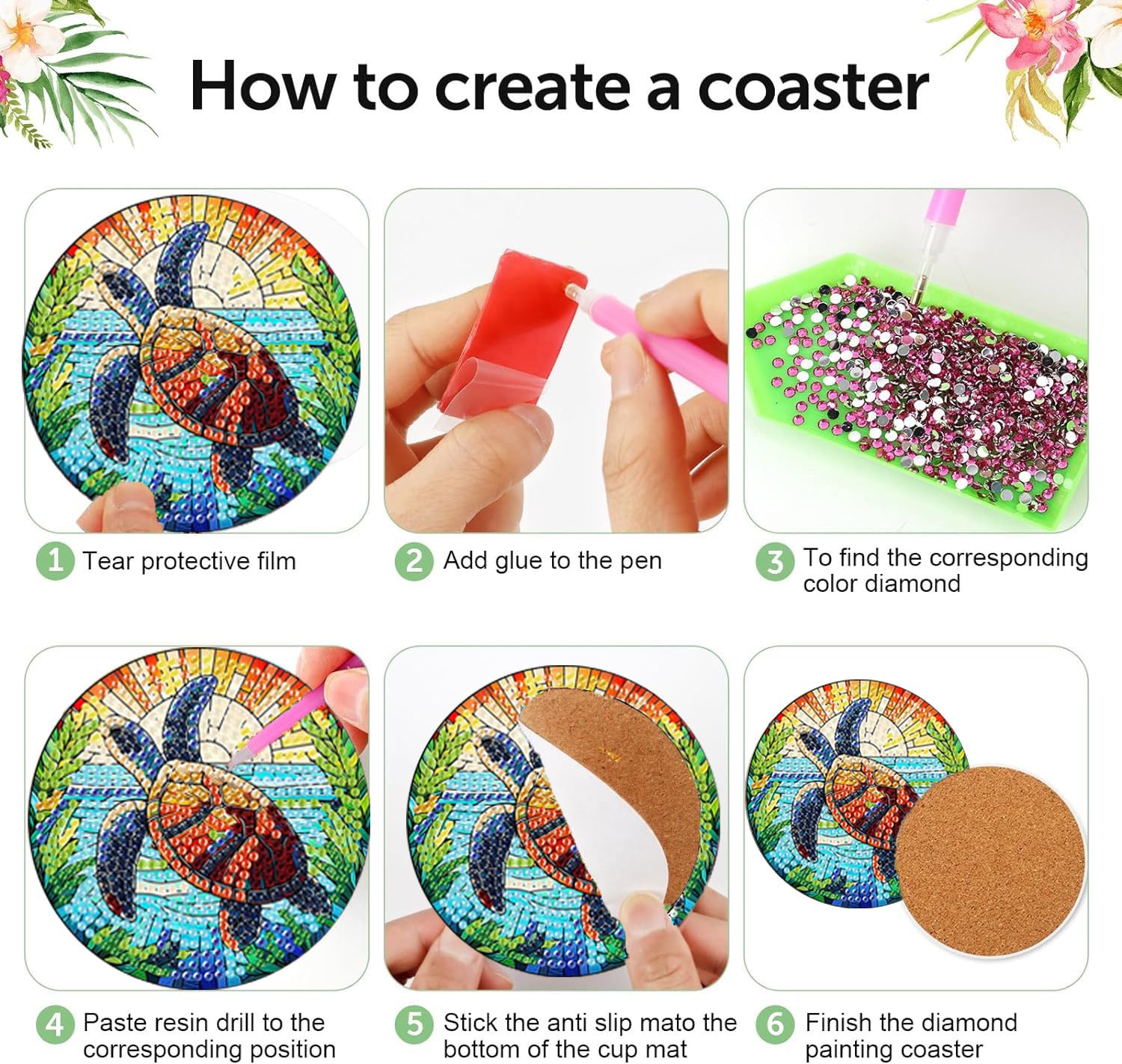 croshom 8 Pieces Diamond Art Painting Coasters Kit, Sea Turtle Diamond Art Coaster, DIY Diamonds Craft Kits for Adults and Beginners (Turtle Style) - Image 3