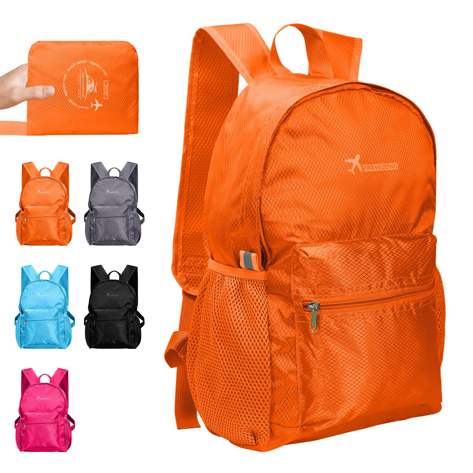 Risipu Lightweight Foldable Backpack Small Waterproof Hiking Rucksack Durable Packable Backpacks for Women Men Outdoor Hiking Biking Travelling Walking Camping (Medium-Orange)