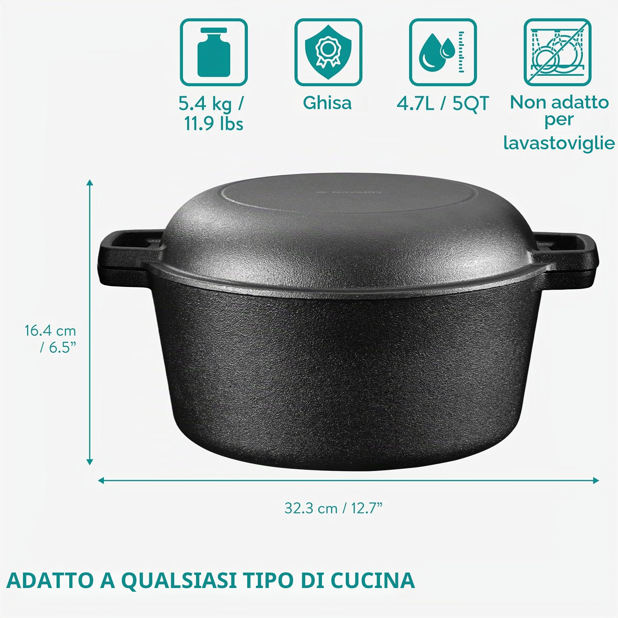 Navaris Pentola in Ghisa da Forno con Coperchio - Pentole e Padelle per Cuocere il Pane - Forno Olandese 4,7 l Ø 26 cm - Casseruola 2 Manici 2-in-1 - per Ogni Piano Cottura - Nero