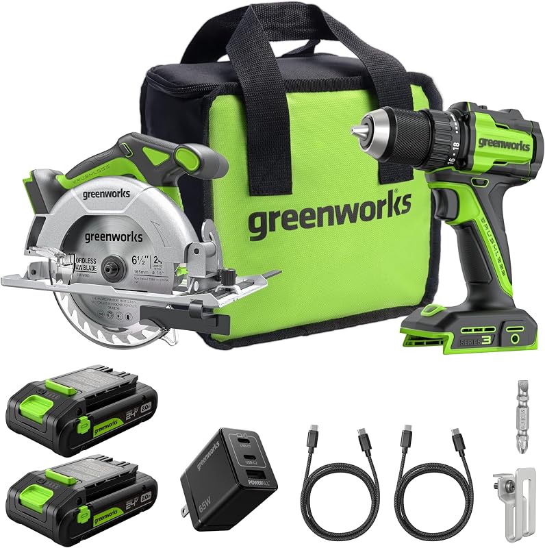 24V 1/2” Brushless Cordless Drill (400 In-lbs.) + 6.5” Circular Saw (4,800 RPM), (2) 2.0Ah (12,000mAh Power Bank) USB-C Batteries, Braided Cable, 65W Rapid Charger