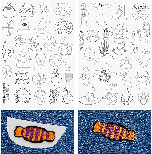 50 estabilizadores de costura a mano solubles en agua para Halloween, estabilizadores de bordado de tela con patrón de Halloween para bordado a mano
