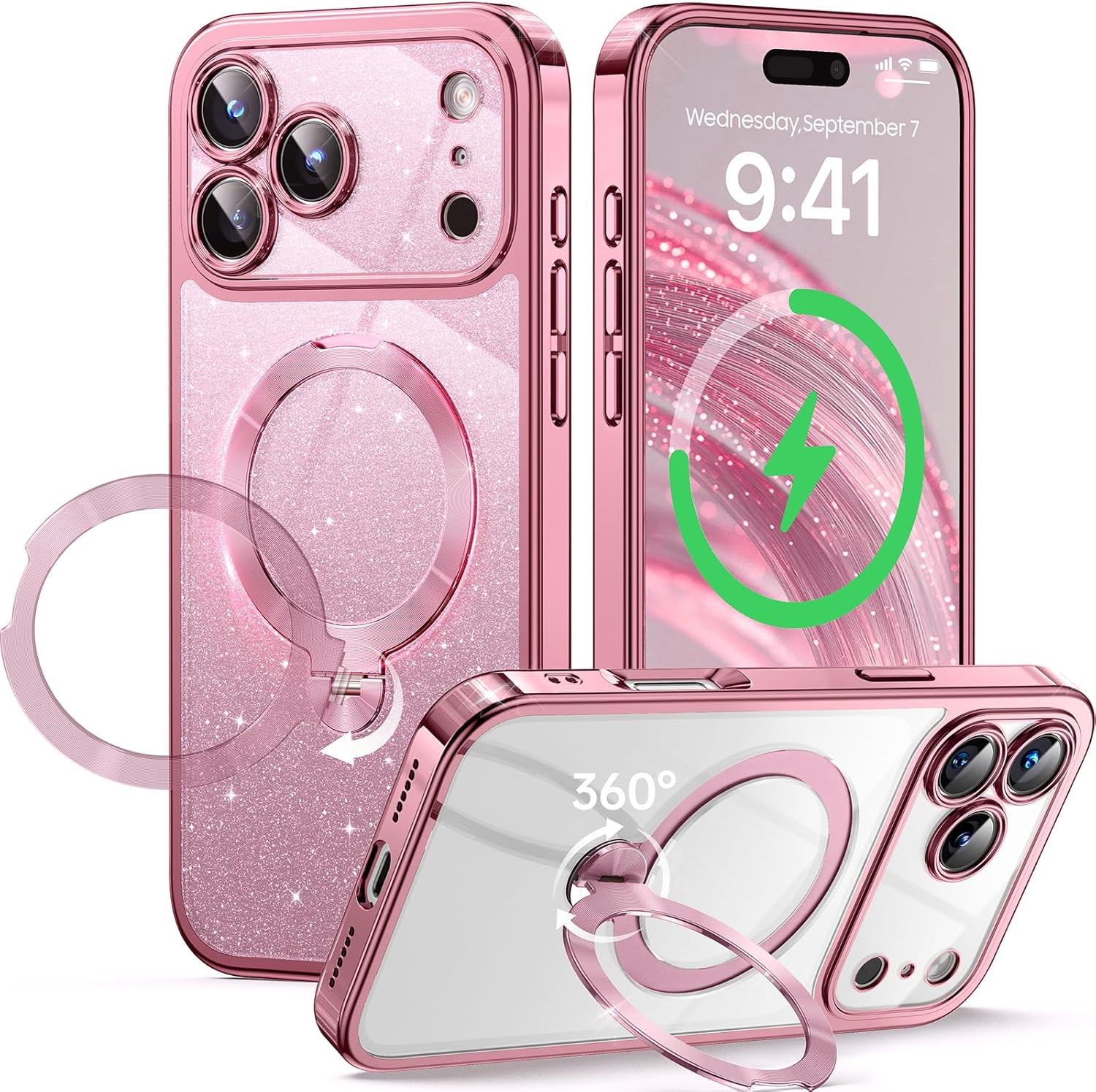 Product image of 360° Spin CD Stand for iPhone 17 Pro Max Case Compatible with Magsafe Ring [Never Yellow][DIY Glitter Cardstock] Camera Protection Plating Clear Cute Phone Case for Women Girls 6.9'', Pink