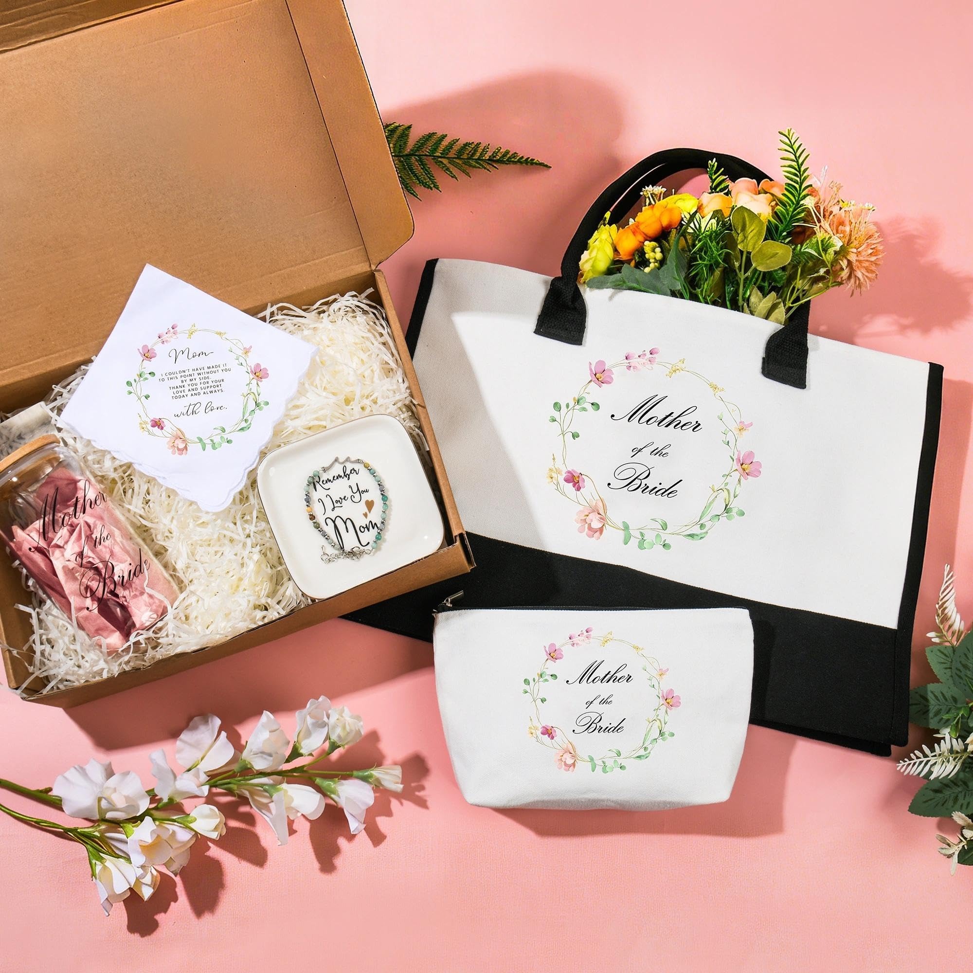 J6&H6 Mother of the Bridge/Groom Gifts Mother Gift Set Included Glass Cups Tote Bag Bracelet for Bridal Shower Wedding Gifts