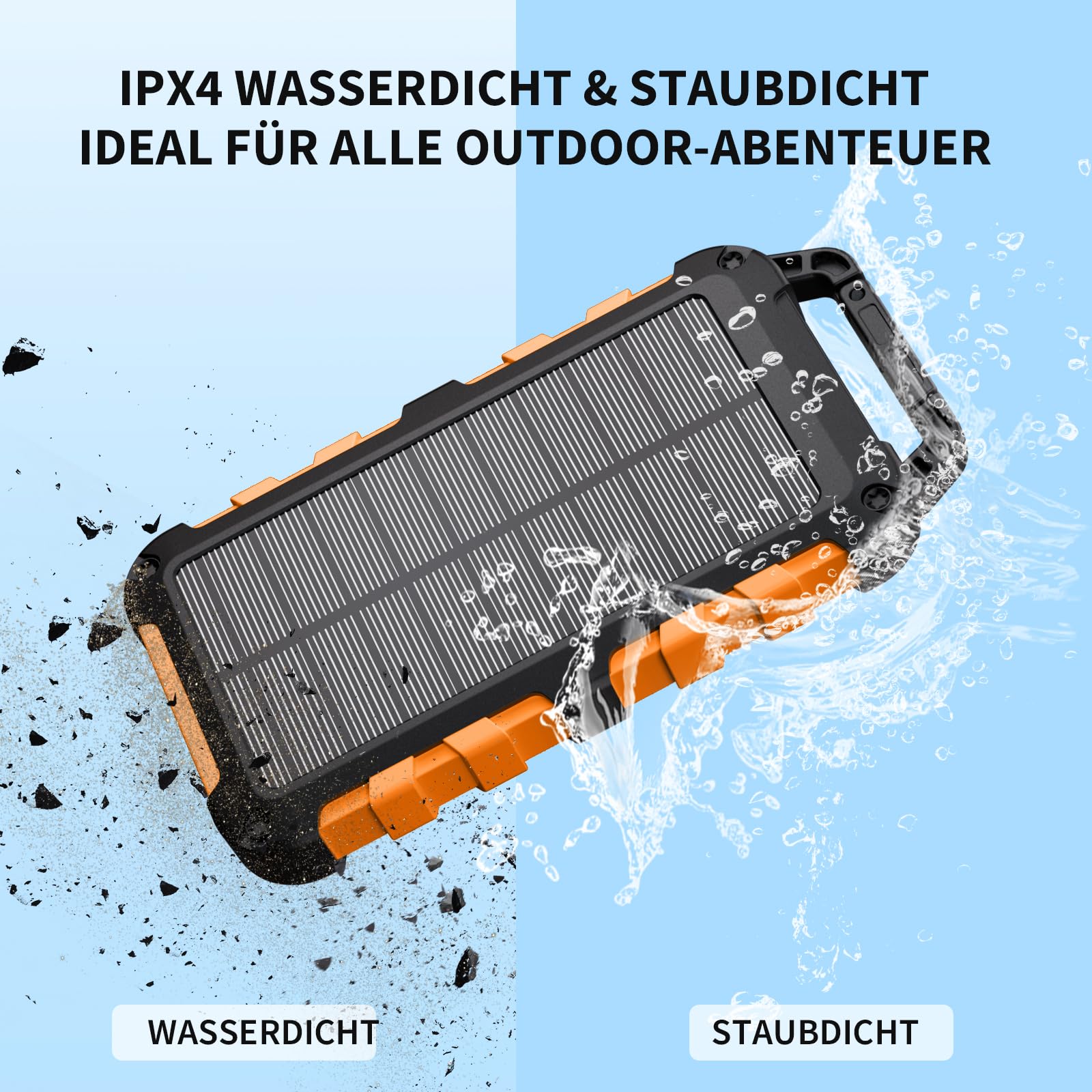 Solar Powerbank 10000mAh PD 22,5W Tragbares Solar Ladegerät USB C Outdoor Wasserdicht Externer Akku mit LED-Licht und 3 Ausgängen für Tablets Smartphones Outdoor Camping Orange