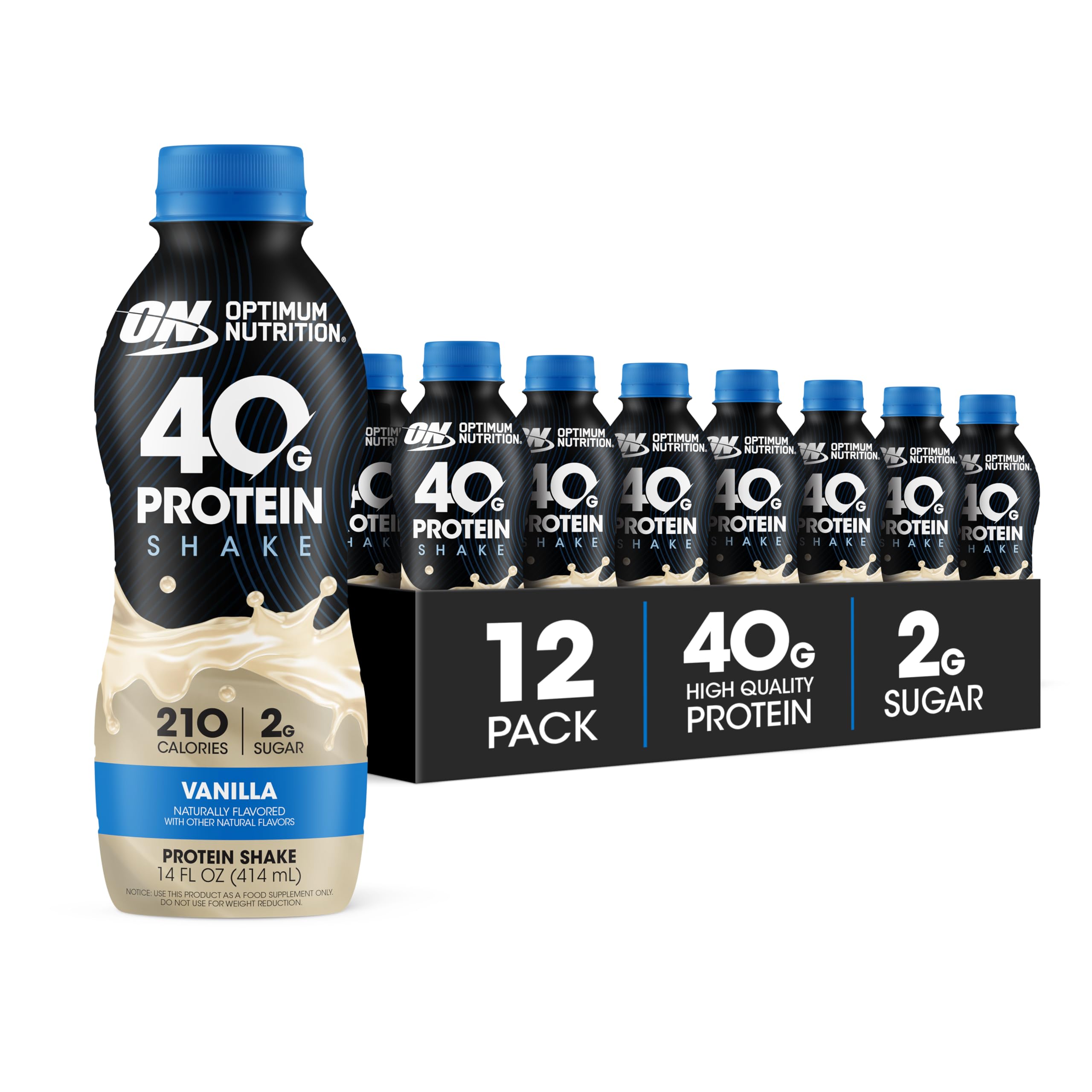 Optimum Nutrition 40g Protein Shake, Vanilla, 14 Fl Oz, 12 Ct Vanilla 14 Fl Oz (Pack of 12)
