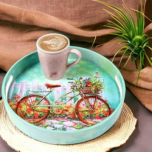 Miniatura 24 de Crocon Bandeja redonda de madera para servir con asas, bandeja otomana decorativa de 12 pulgadas para mesa de café, encimera de cocina, desayuno