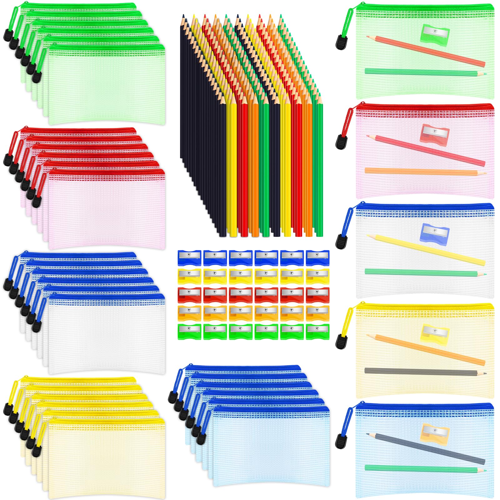 220 Pcs Back to School Gifts Set Mesh Zipper Color Pencil Pencil Sharpener Practical Stationery Gift Set for Back to School Classroom Prize Supplies