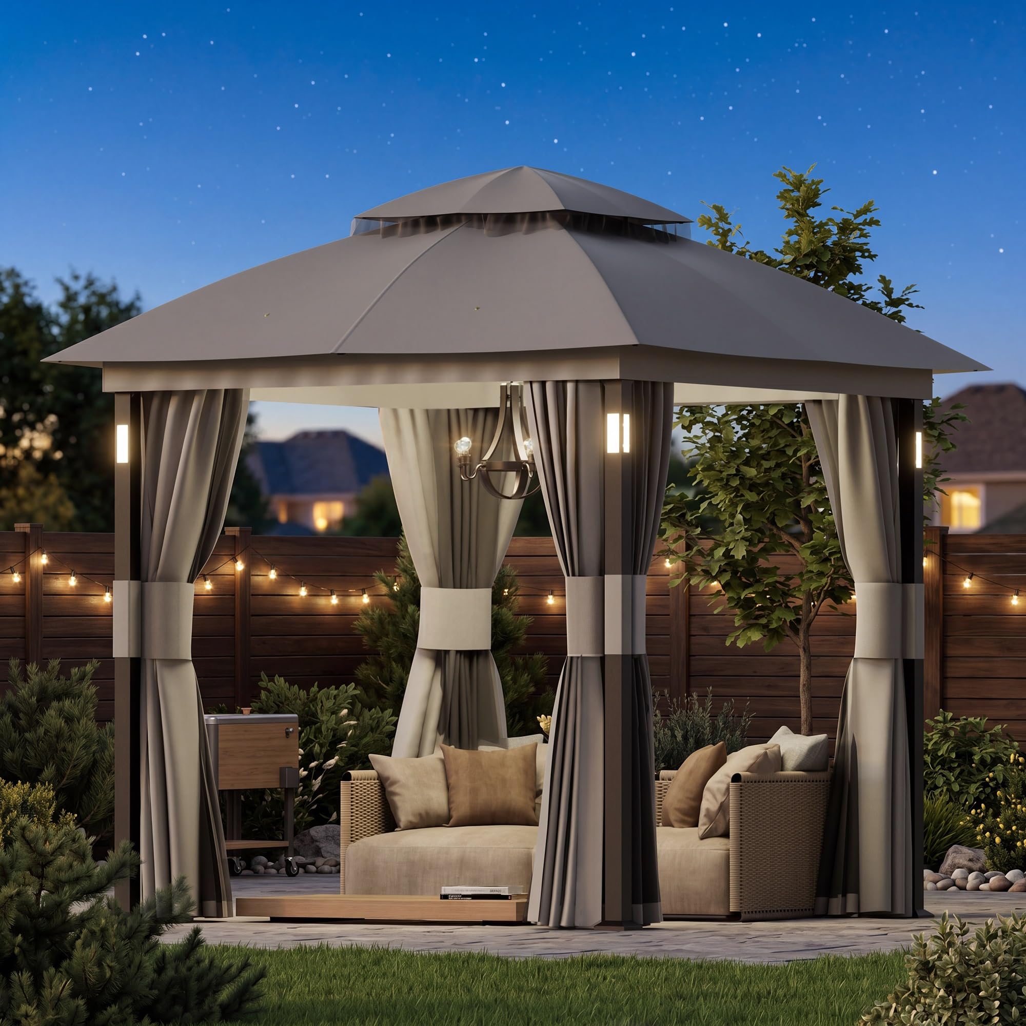 Modern Shade Toile pour Tonnelle de Jardin 2,4 x 2,4m à Double Toit avec éclairage LED Haut-Parleur Bluetooth, Auvent Extérieur Robuste, Tonnelle Moustiquaire et Rideaux pour Jardin Gris