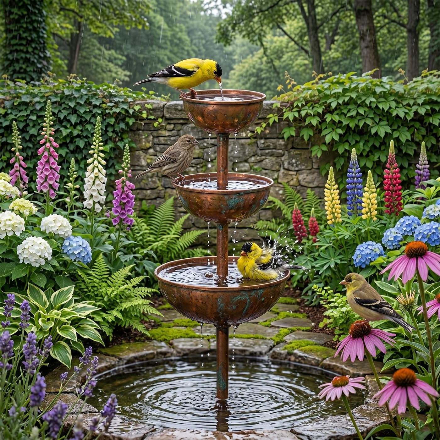 Bring Life Back To Your Garden – Rain Catcher Bird Bath Bronze Rain Catcher Garden Stake 68cm 3-Tier Cascading Bird Bath & Bee Watering Station for Outdoor (Version A No Waterfall.)