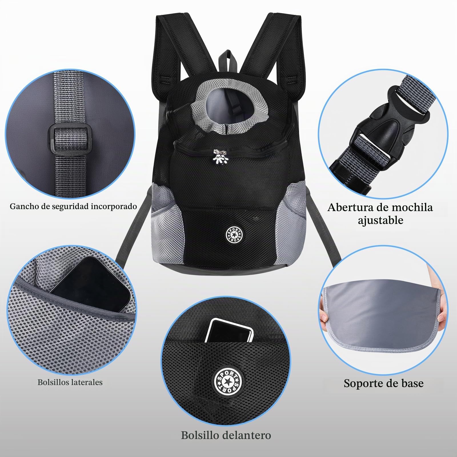 Mochila para Perros y Gatos (hasta 6.5 kg), Mochila Transportadora Transpirable con Diseño Head out y Clip de Seguridad, Ajustable para Actividades Outdoor Senderismo Viajes, Negro