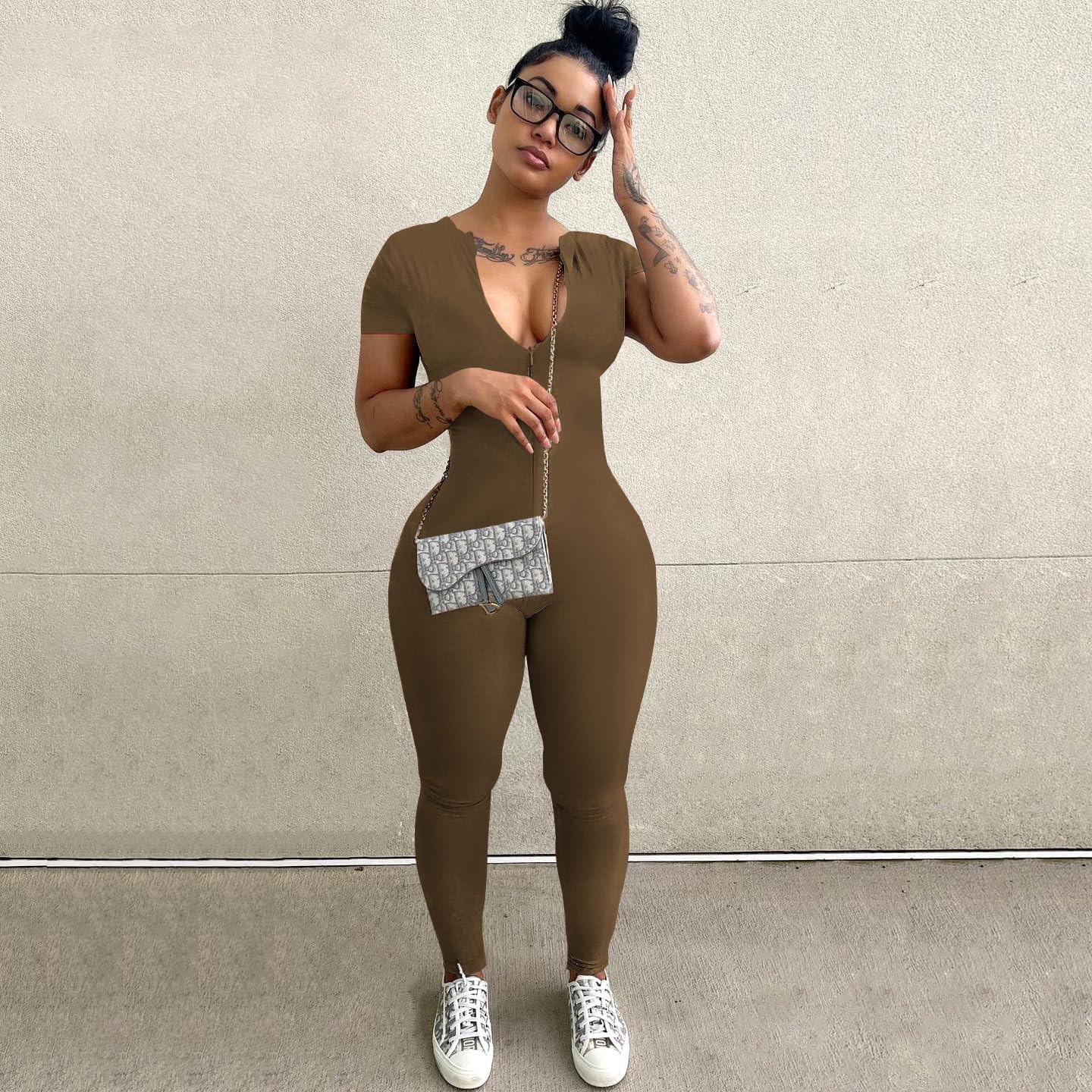 Mrskoala Women Summer Jumpsuits One Piece Dressy Short Sleeve Casual Zipper Romper - Image 4