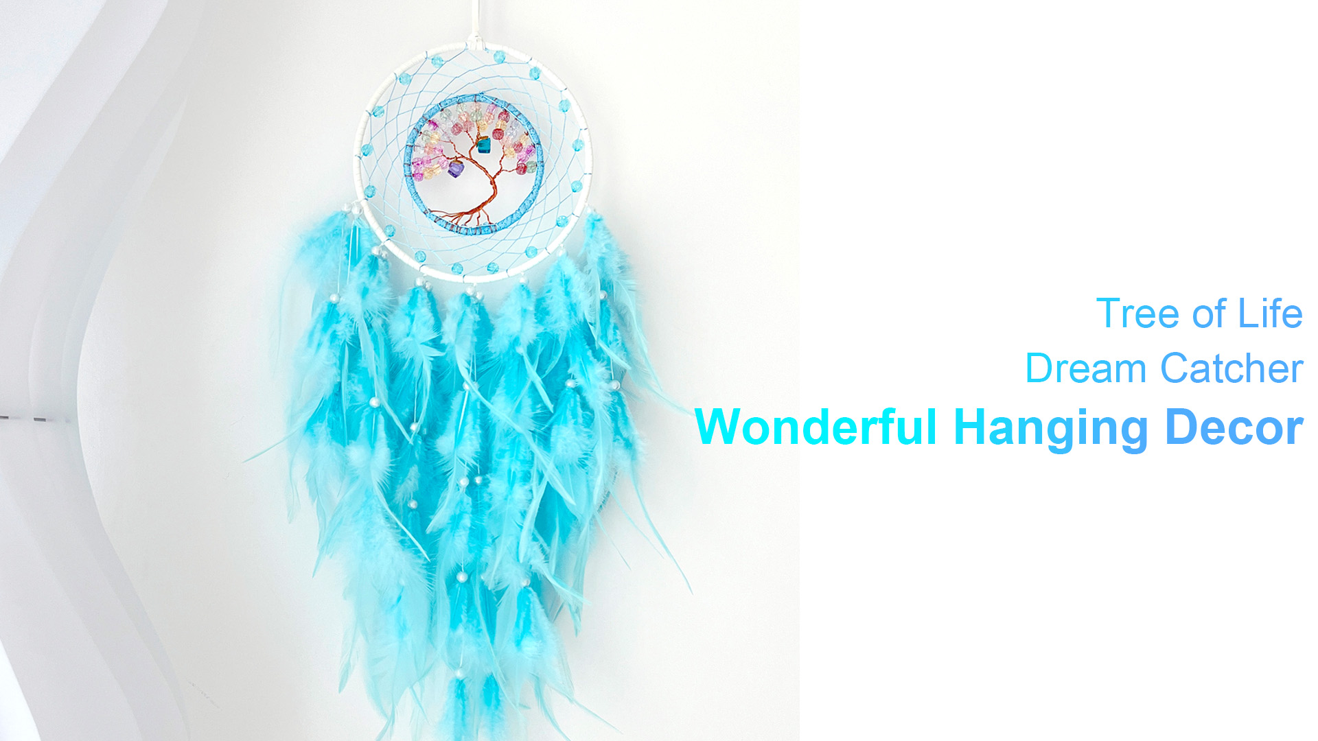 DEDEMCO Blue Tree Of Life Dream Catcher - 23.5 Inch Handmade With LED Lights, Crystals & Feathers For Wall Decor - View #2