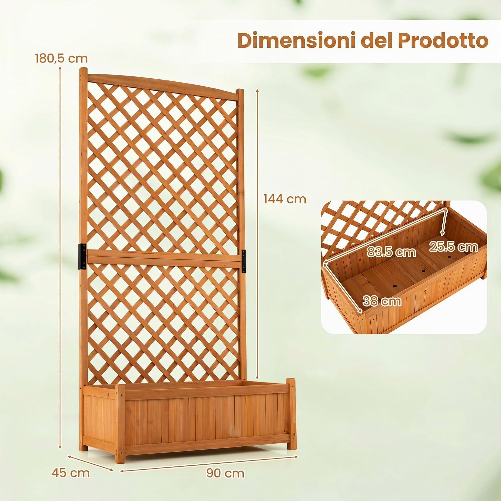 COSTWAY Fioriera da Esterno con Grigliato, Letto Rialzato in Legno con Traliccio e Fori di Drenaggio, Aiuola Rialzata per Piante Rampicanti e Fiori, 90 x 45 x 180,5 cm (Arancione)