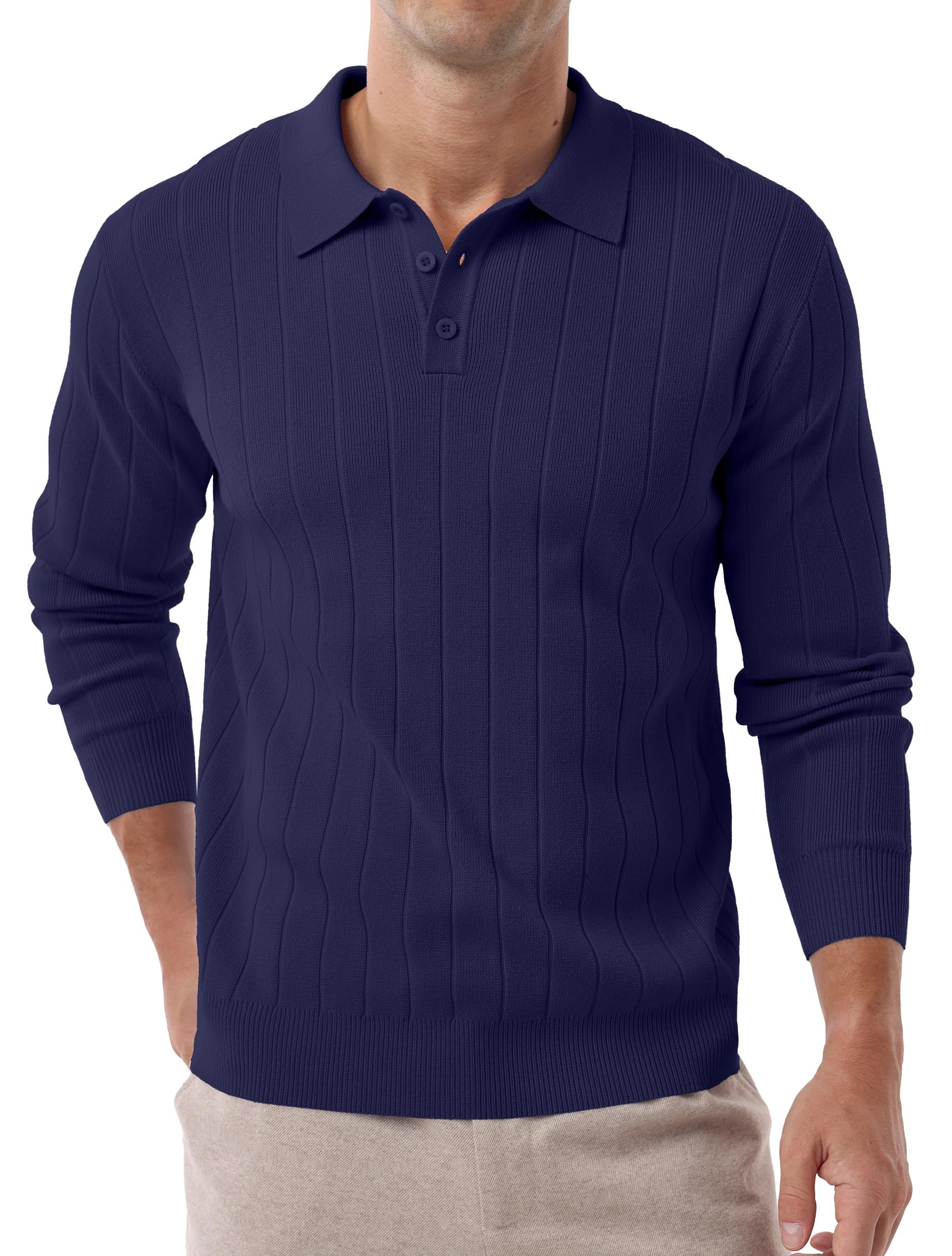 Hisir Polo da uomo a maniche lunghe invernali in maglia, vestibilità regolare, casual, classico, a righe verticali