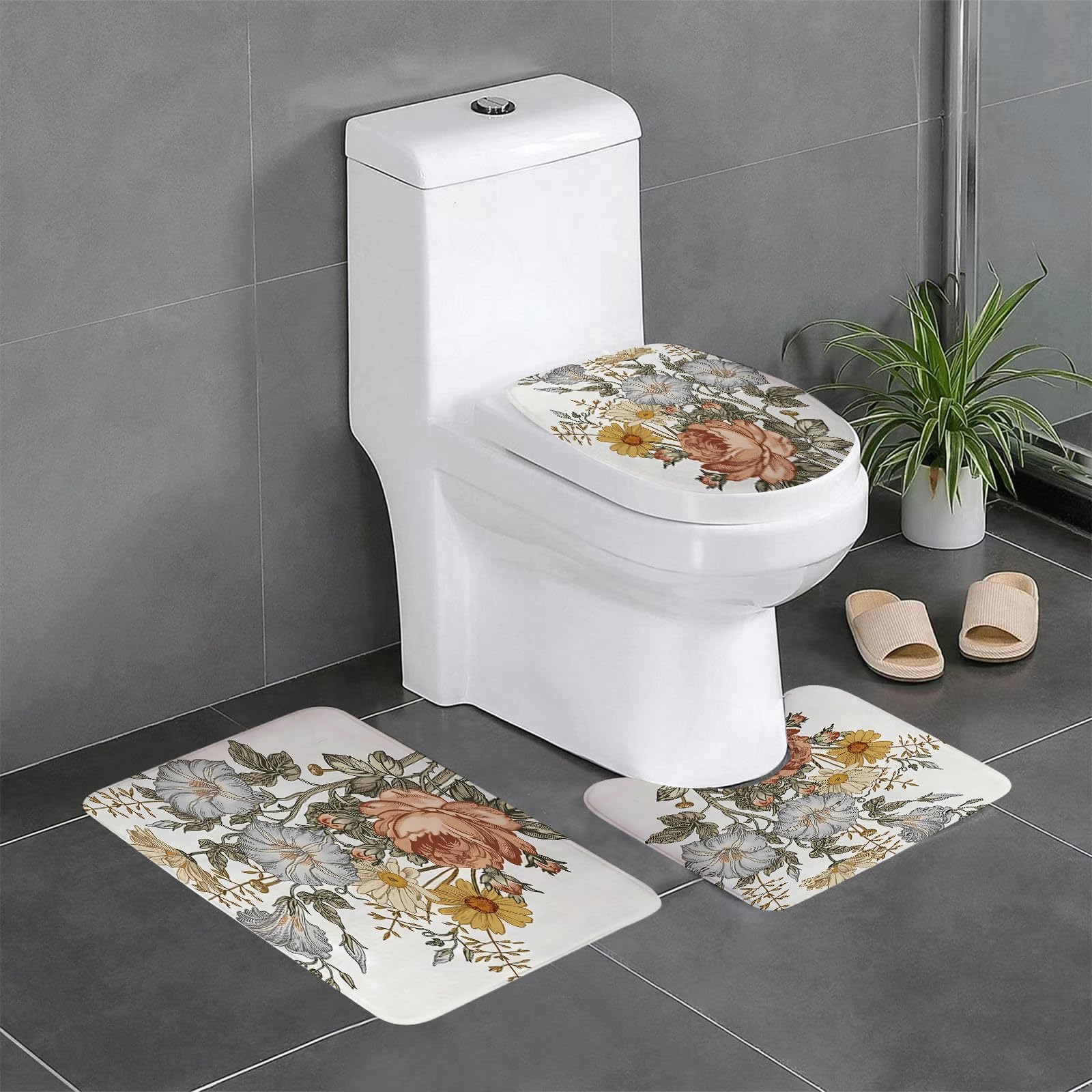 EYLOZS Bathroom Set, Rugs Sets 3 Piece,Anti-Slip, Art beautiful design drawing floral flower,Absorbent Bath Mat for Tub, Shower, Room, Kitchen