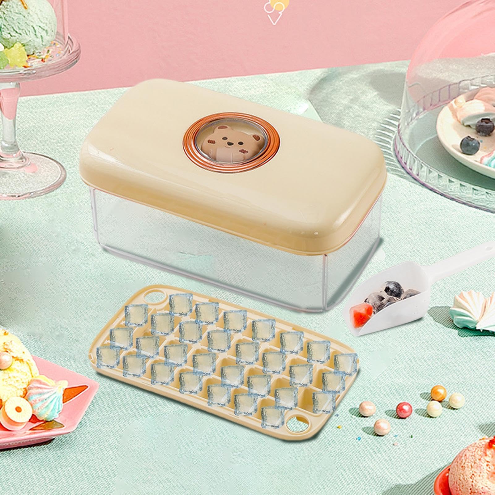 IJsblokjeshouder met deksel en houder, voedselveilige ijsblokjesvorm met ijsschep voor babypap, dranken, fruit, whisky IJsblokjeshouder met deksel en houder, voedselveilige ijsblokjesvorm met ijsschep voor babypap, dranken, fruit, whisky