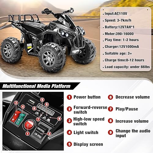 Miniatura 5 de Soar Electirc - Cuatro ruedas para niños pequeños de 4 ruedas 3-6, cuatrimoto de 12 V a batería, Quad para niños con luces LED, música, alta