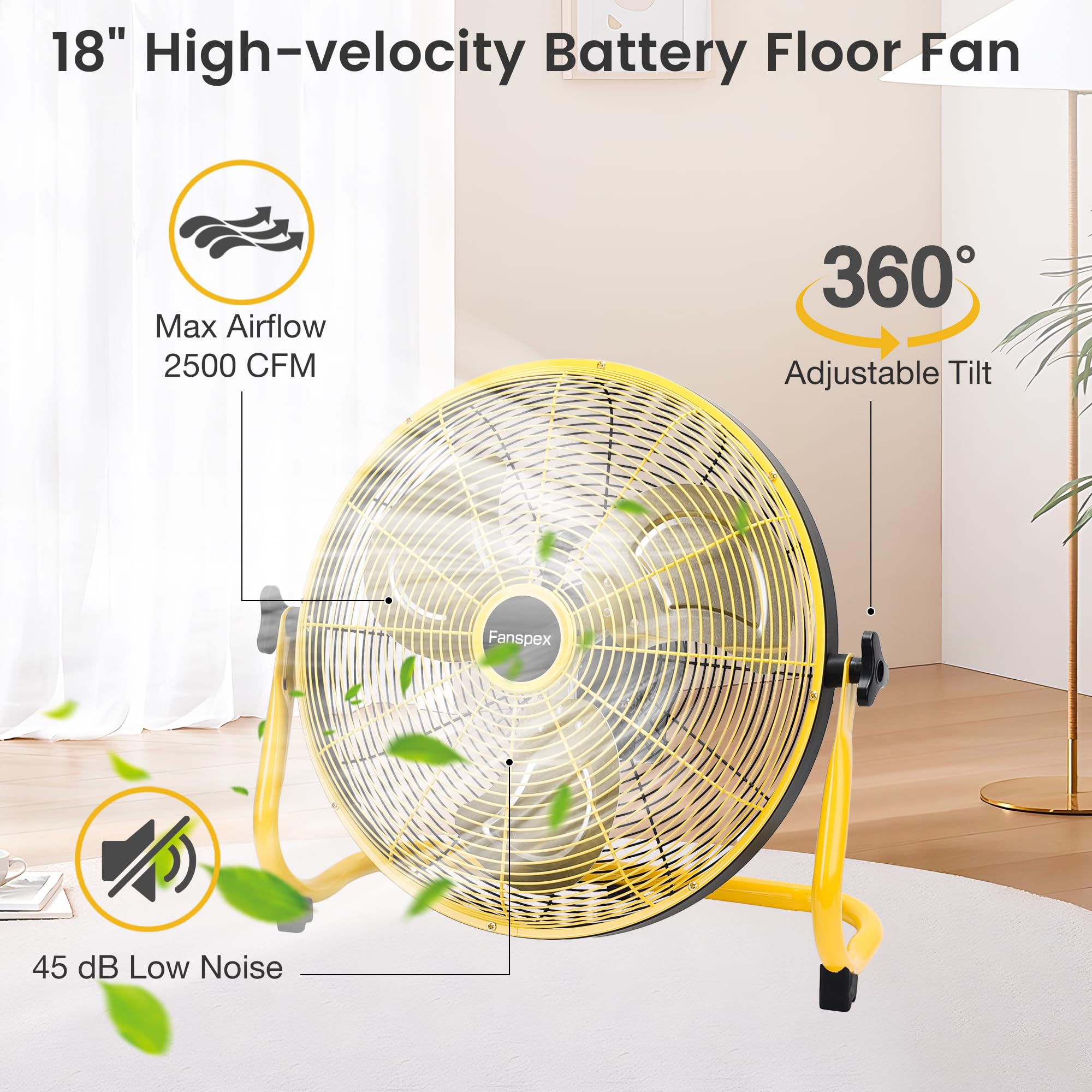 Fanspex Ventilatore da pavimento ricaricabile a energia solare da 45,7 cm, per esterni, 22500 mAh, con pannello solare da 35 W, per patio, gazebo, campeggio, inclinazione a 360° (flusso d'aria 5,8 m/s