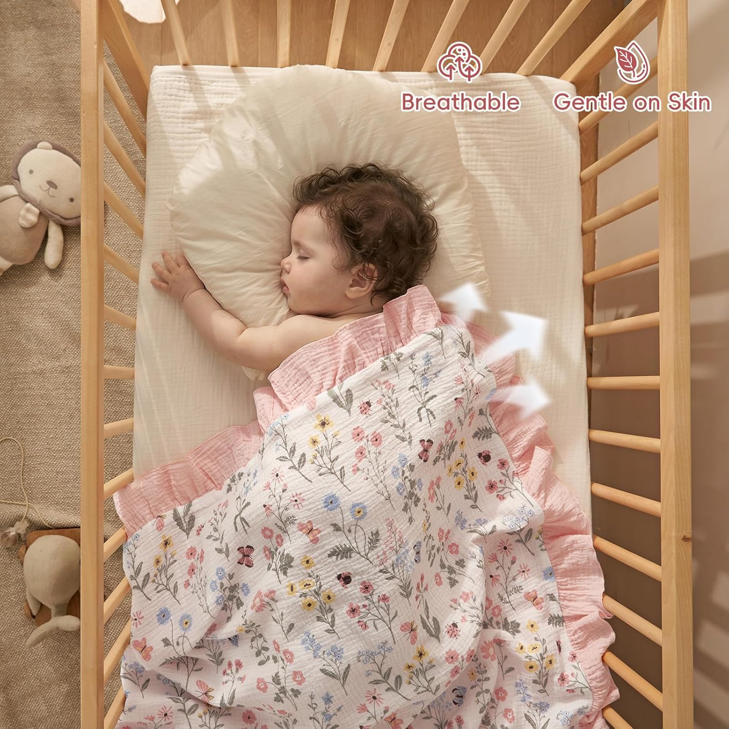 david's kids Flounce Muslin Baby Blanket for Girls Boys, 100% Cotton Soft Crib Swaddle Blankets, Reversible & Breathable Nursery Bedding for Newborns Toddlers, 47 x 47 Inches (Garden)