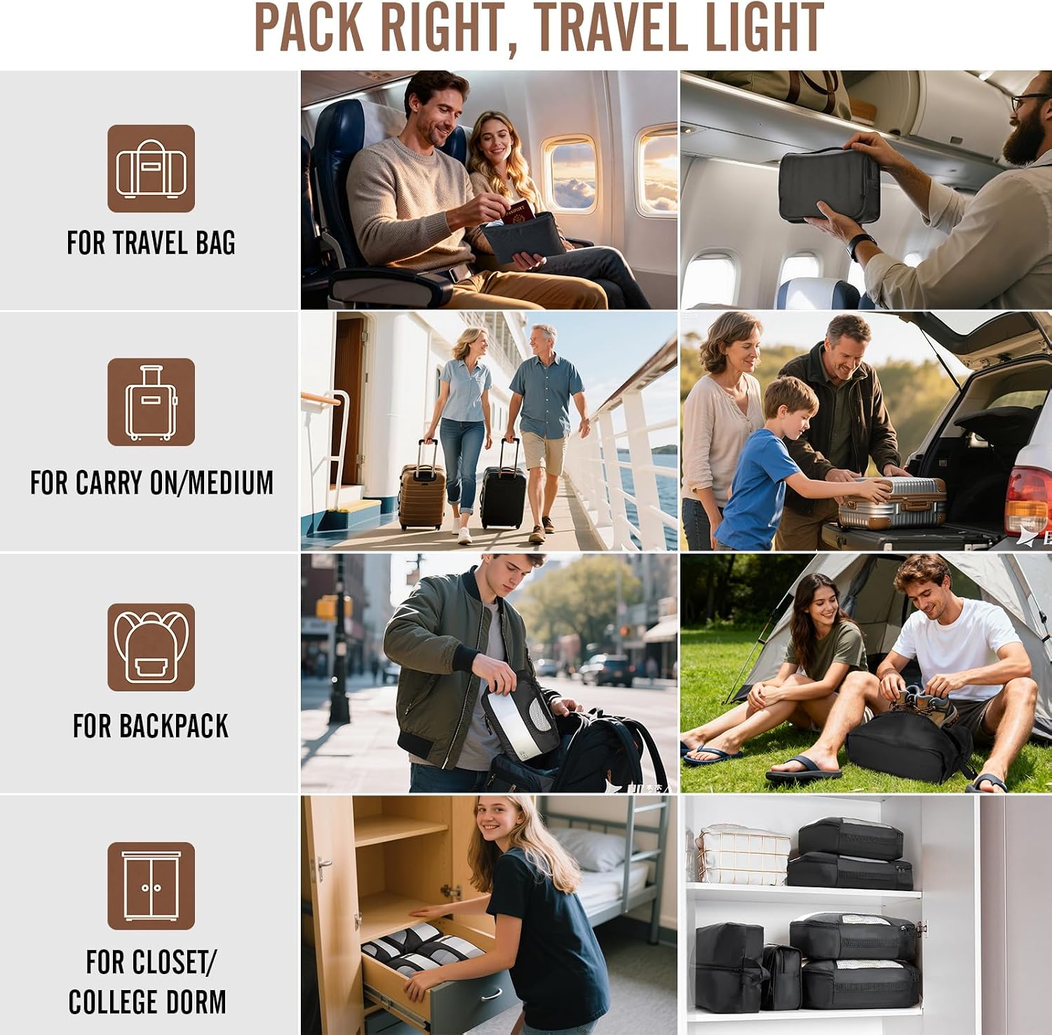 Veken 10 Set/8 Set Packing Cubes for Travel Essentials, Suitcase Organizer Bags in 4 Sizes, Carry-On Luggage Accessories with Laundry Bag & Passport Holder, Airplane Must Have, Camp Gifts for Men 01 Black 8 Set (For Carry-On/Medium)