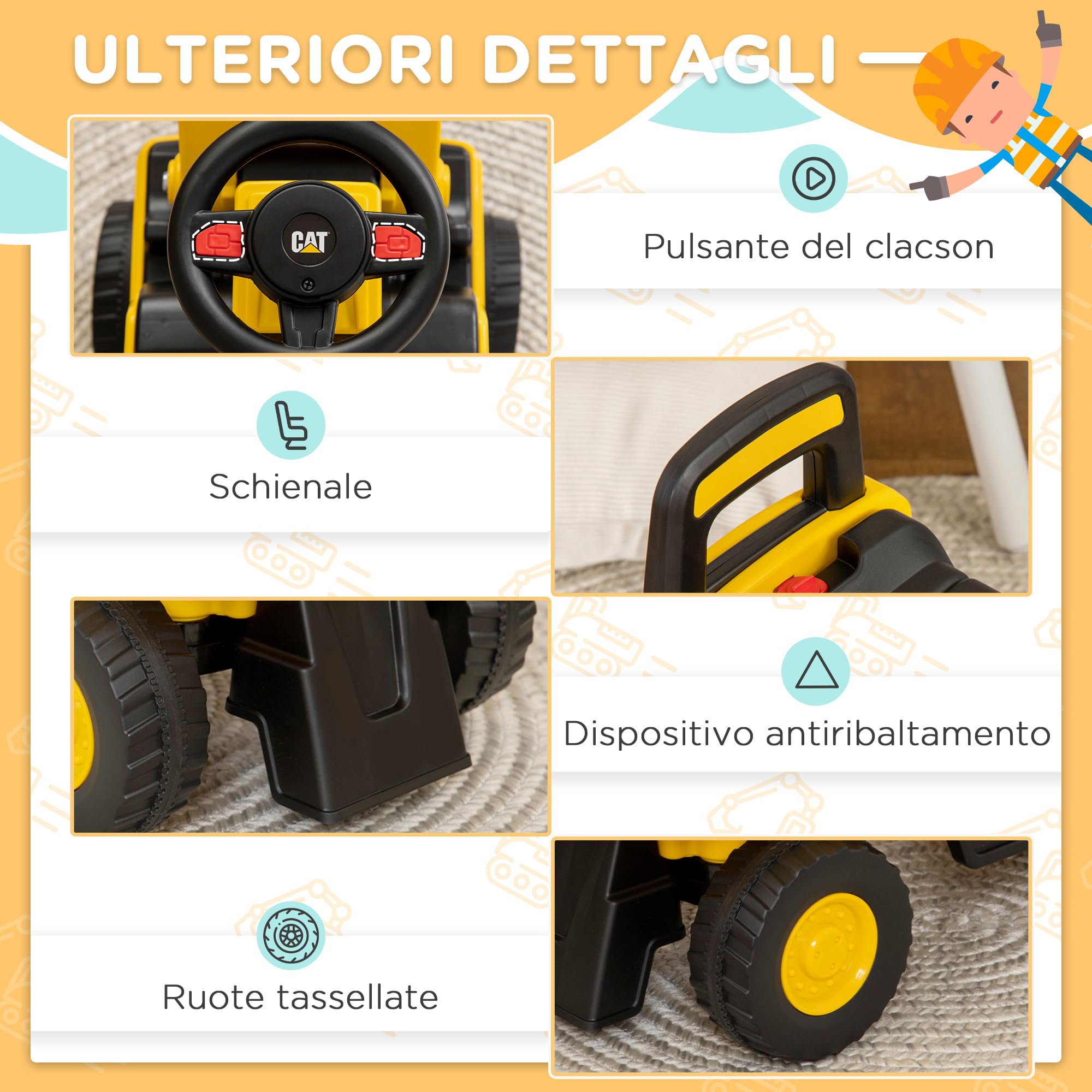 HOMCOM Ruspa Giocattolo per Bambini 18 e 36 Mesi con Licenza Caterpillar e Spazio Portaoggetti, Escavatore Giocattolo Cavalcabile in PP e Metallo con Clacson e Schienale, 78x29.5x54 cm, Giallo e Nero