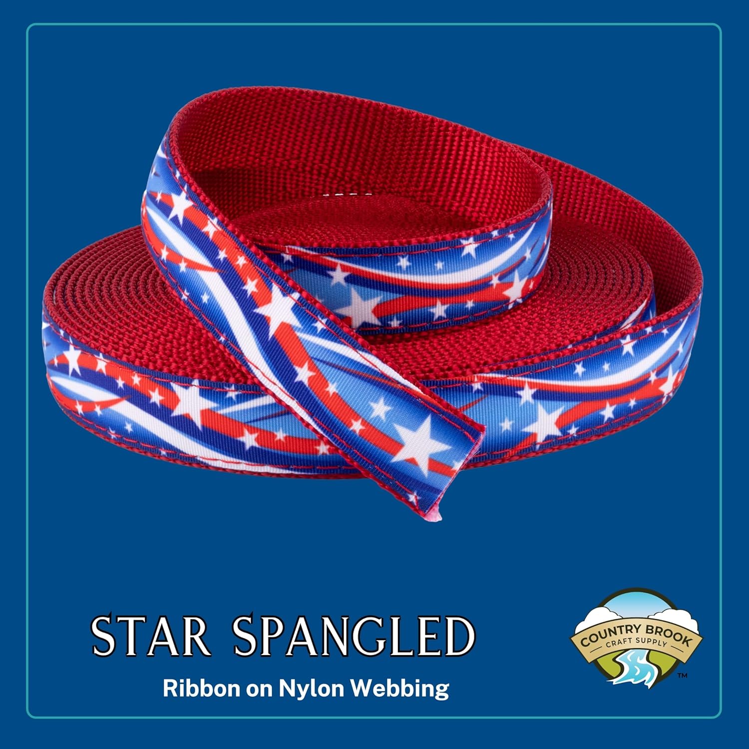 Country Brook Design - Star Spangled on Red Nylon Webbing (3/4 Inch, 50 Yards)