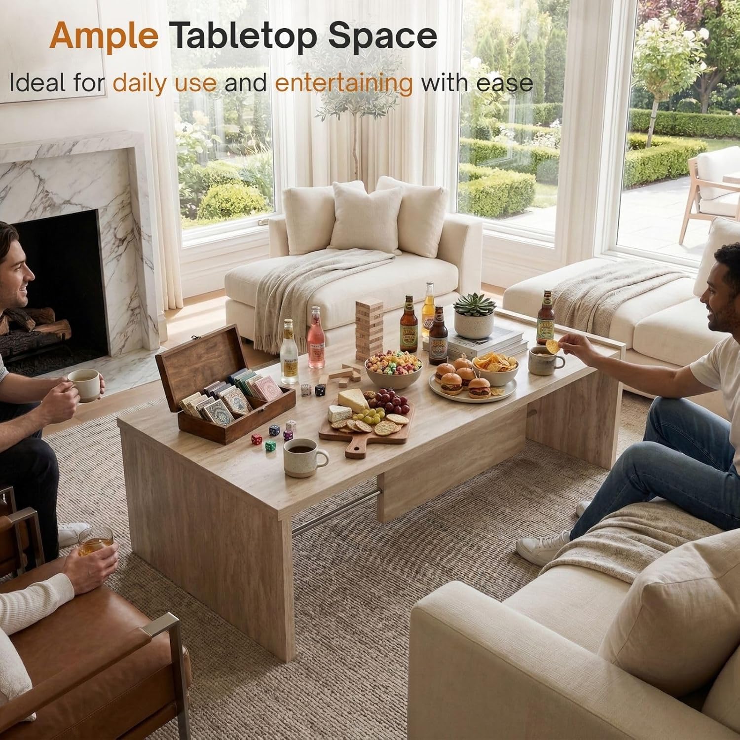 Modern Faux Travertine Look Coffee Table, Rectangular Minimalist Coffee Table with Sturdy Frame, Contemporary Accent Table for Living Room, Office, Apartment, Natural Beige