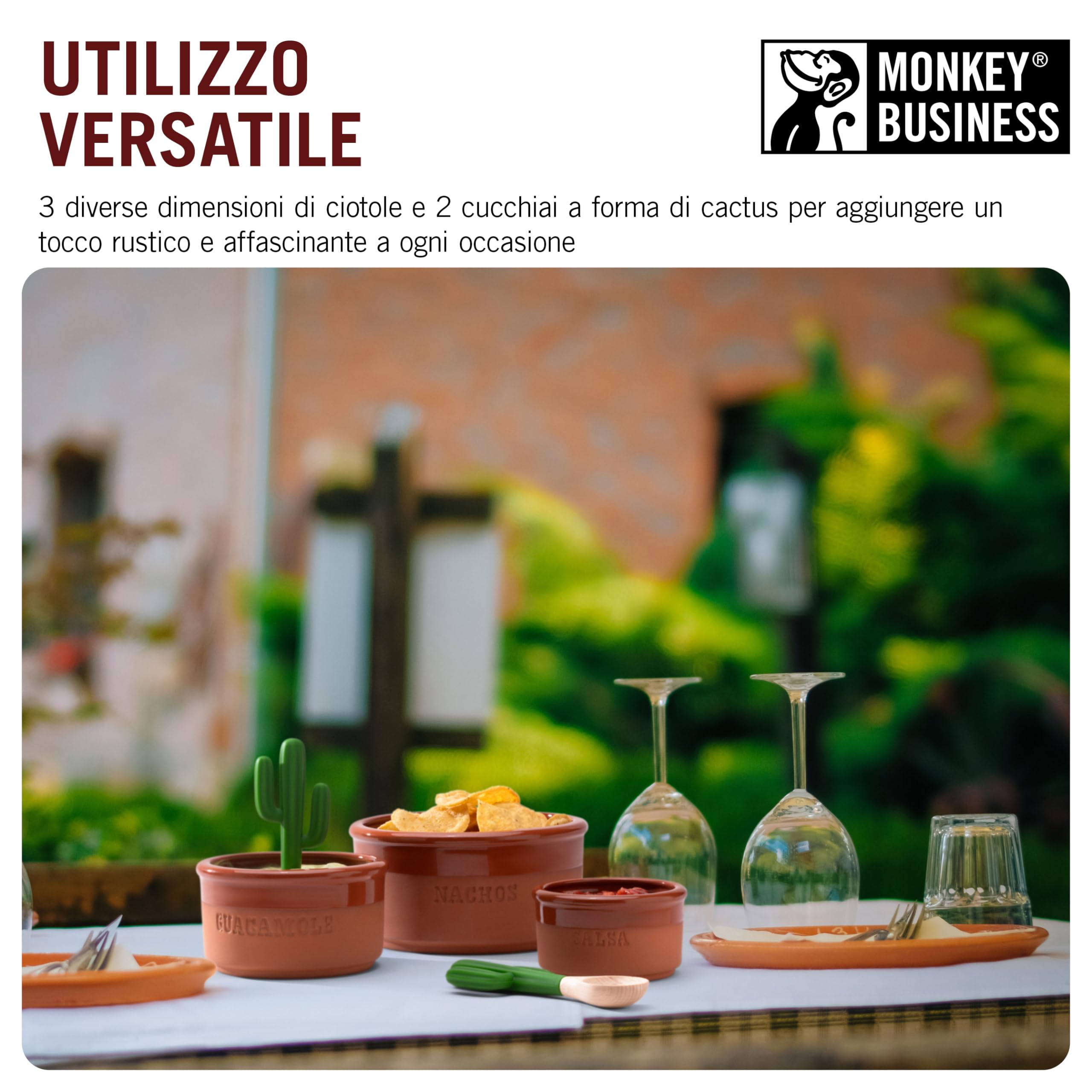 Monkey Business Bowlero - Set di Ciotole per Immersione in Terracotta, Porta Salse e Piatti Fondi per Brodo con 3 Ciotole da Brodo e 2 Cucchiai per Immersione, Ideali per Cucina e Servizio delle Salse