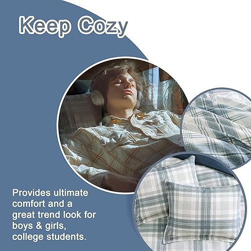 Miniatura 5 de Juego de edredón de tamaño matrimonial, juego de ropa de cama a cuadros azules y grises de 7 piezas para niños, niñas y adolescentes, juego de