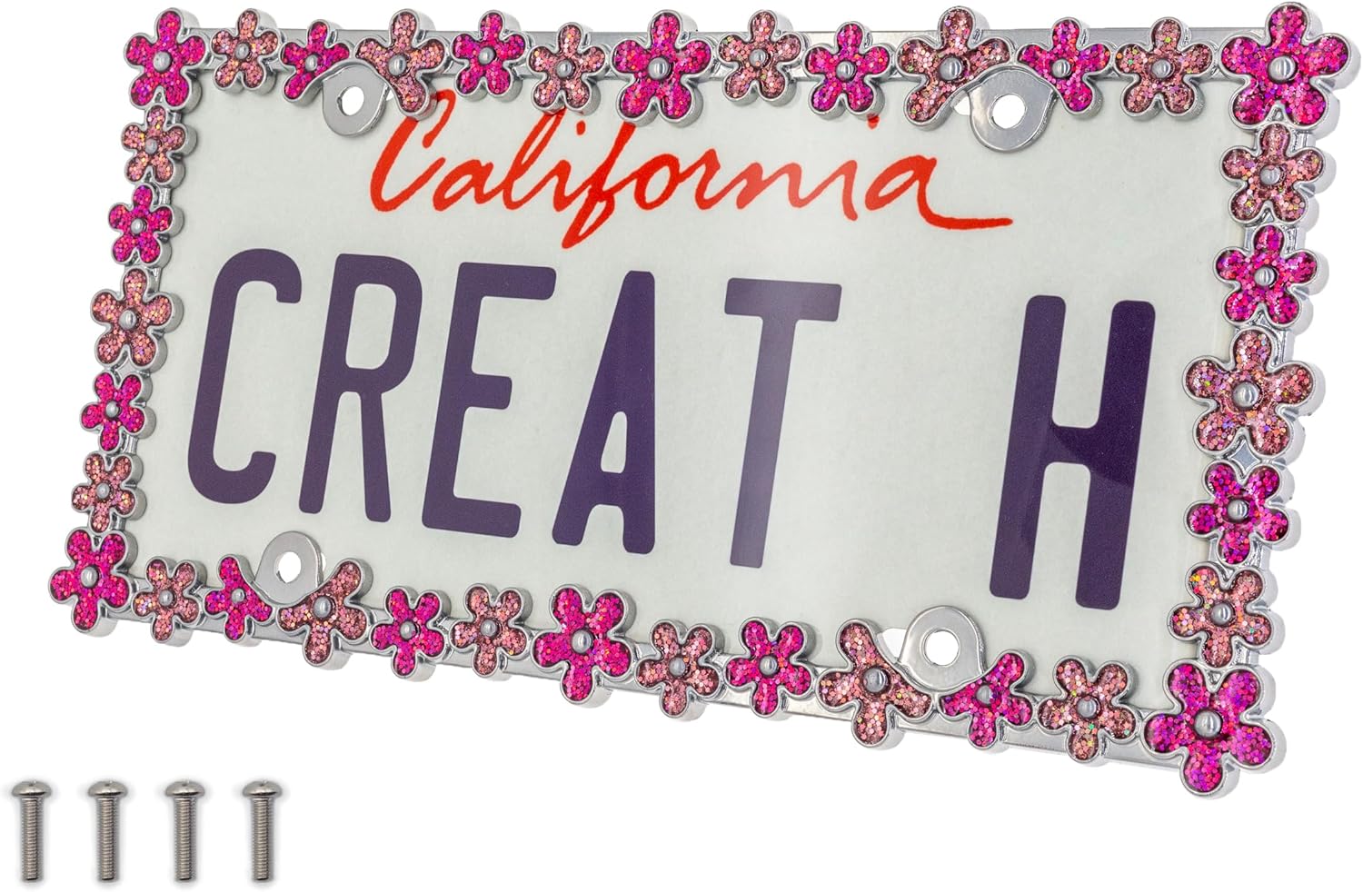 Creathome 3D Shining Daisy Wrenth License Plate Frame from Pure Zinc Alloy Metal Perfect Plate Holder, Chrome with Pink Glitter
