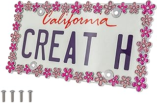 Creathome 3D Shining Daisy Wrenth License Plate Frame from Pure Zinc Alloy Metal Perfect Plate Holder, Chrome with Pink Glitter